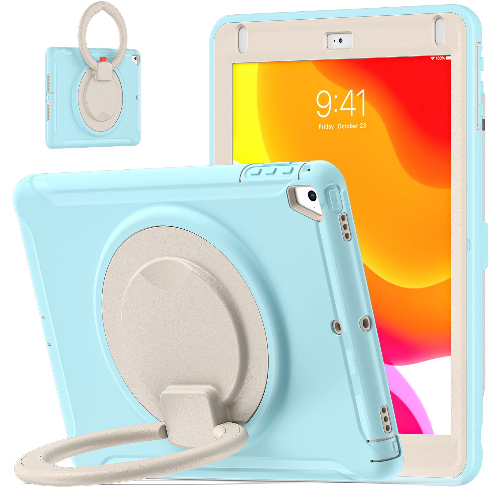 新型 iPad 第6世代/第5世代 用 (2018/2017) ケース リング付き 衝撃吸収 軽い 頑丈 360&deg;回転スタンド 多方向 ハンドル付 iPad 用 Air2/Air1/Pro9.7インチ カバー 落下防止 キズ防止 キッズ アイパッド9.7対｜WES STORE