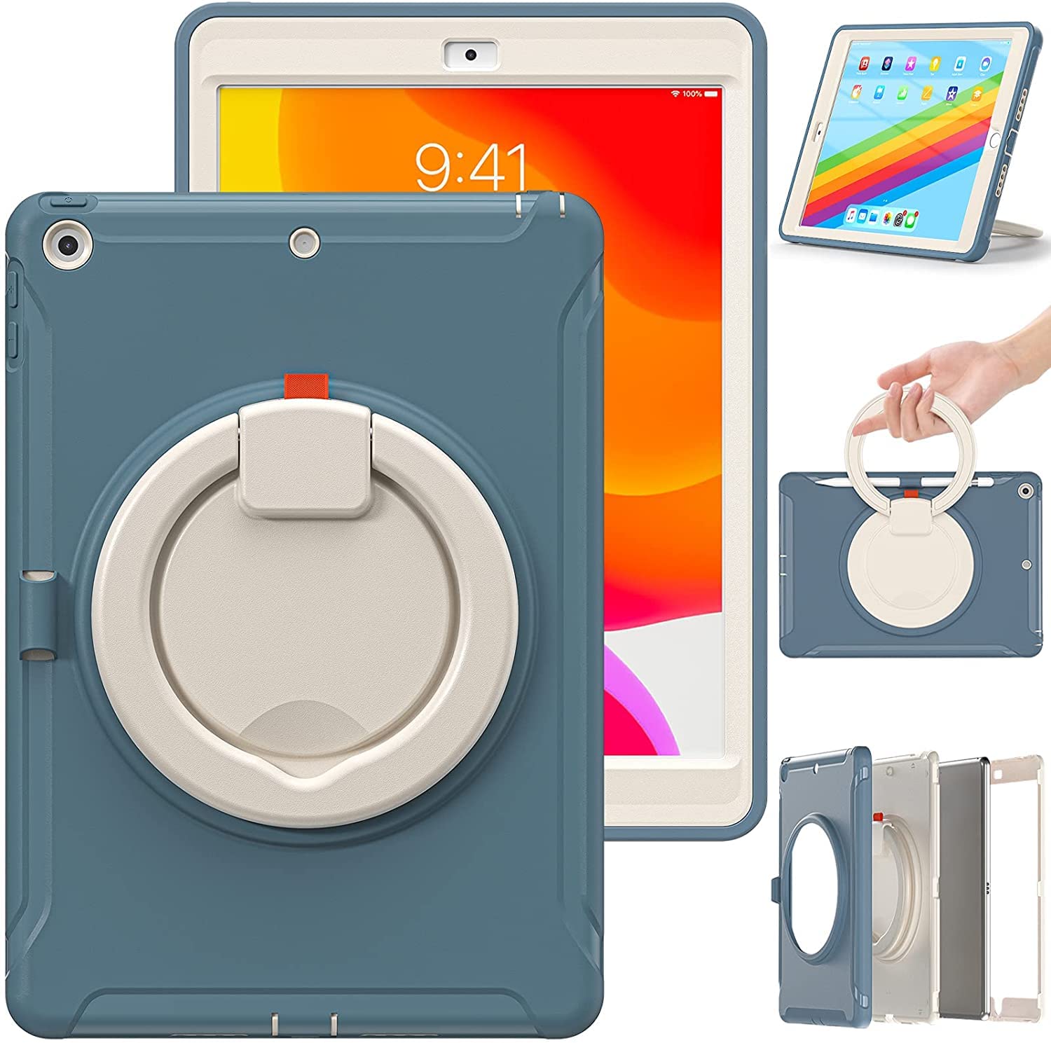 iPad 用 ケース, 2025新型 iPad Air 13インチ (M3,2025)用/Air 13 (M2,2024)/ Pro 12.9インチ 第6/5/4/3世代 ケース リング付き 衝撃吸収 軽い 頑丈 360度回転スタンド 持ち手付き ハンドル付 カバー 落下防止 キ