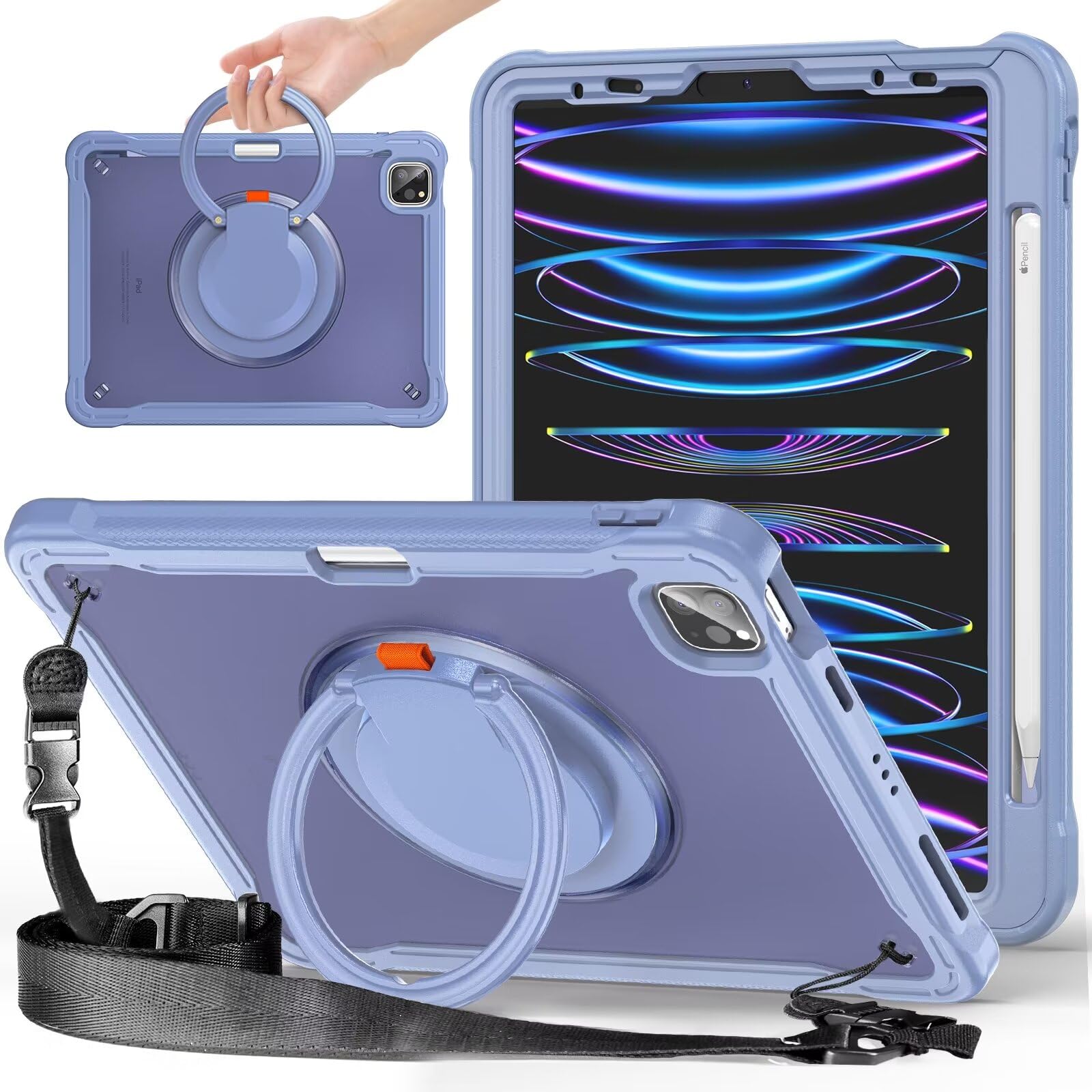 SENLAN 2025 2024 iPad Pro 13インチM5 M4 専用ケース 肩掛け 360°回転 持ち手 ペン収納 ショルダーストラップ付き ハードPC +シリコン 縦置き 横置きリングスタンド 耐衝撃 半透明 背面カバー つや消