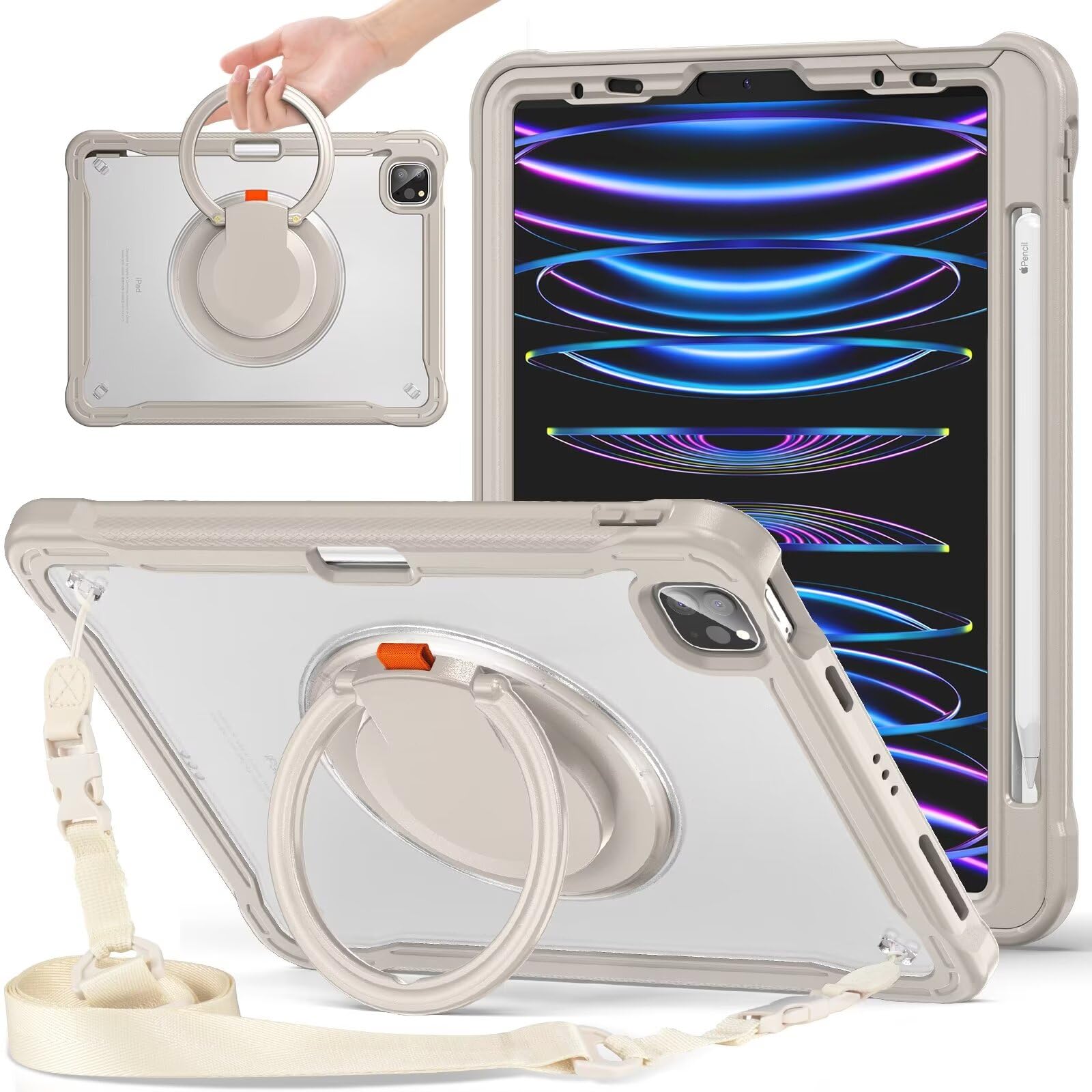 SENLAN 2025 2024 iPad Pro 11inM5 M4 専用容れもの 膝掛け 360°回転させる 持ち手 書きもの納める ストラップ付き添い人 捉え所の無いマイコン +ケイ素樹脂 縦置き 横置き輪っか照明ランプ 耐衝撃 半澄み切った うしろ側取りまかなう つや消