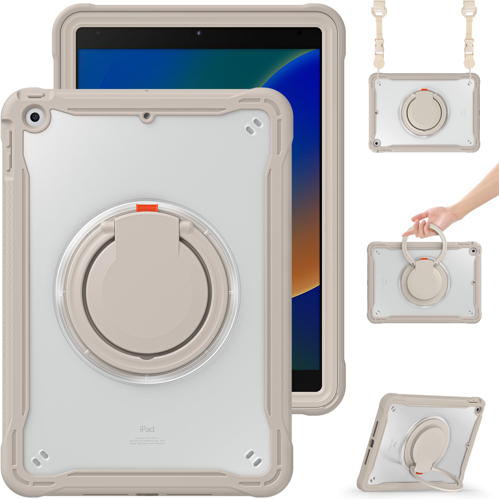 SENLAN iPad 10.2インチ 第7/8/9世代 用ケース 縦置き 横置き 肩掛け 360°回転持ち手 ペン収納 ショルダーストラップ付き ハードPC +シリコン リングスタンド 耐衝撃 半透明 背面カバー つや消し(カ
