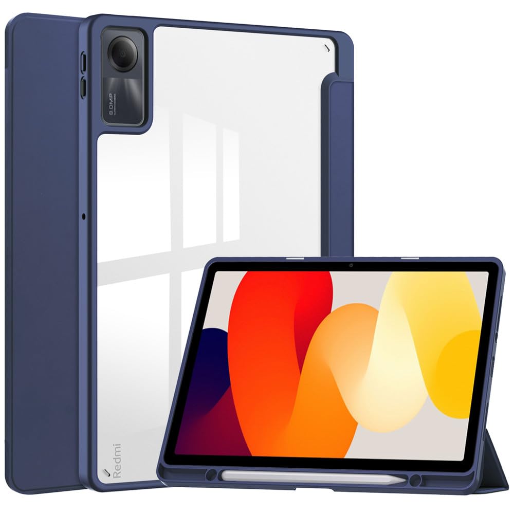 2023年発売 Redmi Pad SE 11インチ ケース 背面クリア 透明 ペンホルダー付き redmi pad se カバー タブレットケース オートスリープ機能付き 三つ折りスタンド 耐衝撃 軽量 (Redmi Pad SE, 濃いブルー)