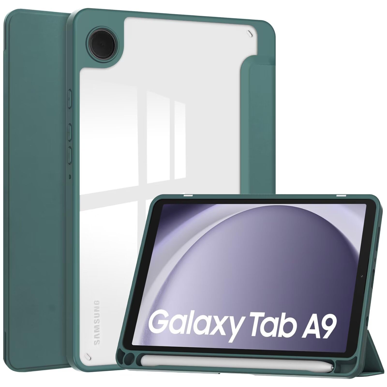Galaxy Tab A9 8.7インチ ケース 背面クリア 透明 ペンホルダー付き Galaxy Tab A9 カバー オートスリープ機能付き 三つ折りスタンド 耐衝撃 軽量,深緑