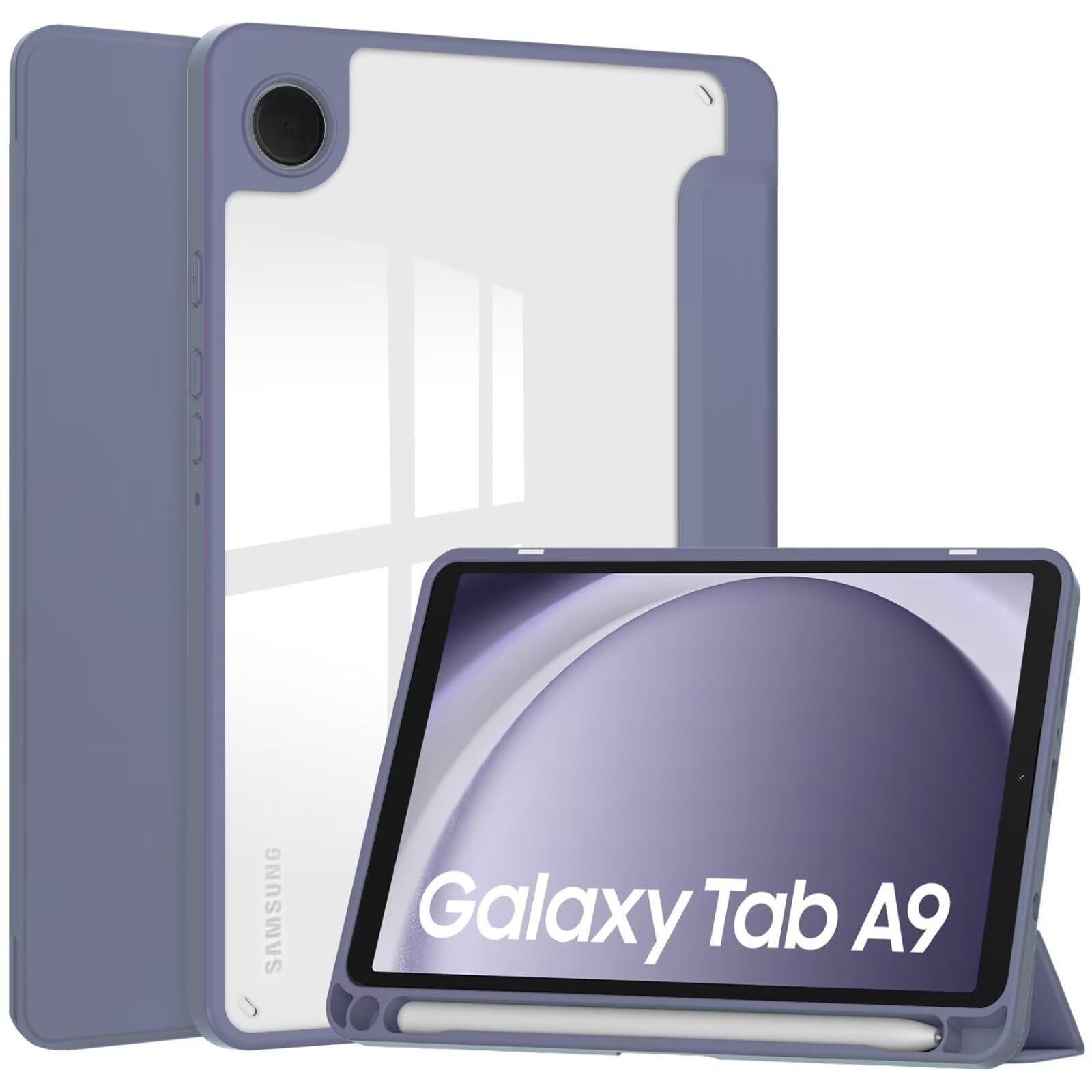 Galaxy Tab A9 8.7インチ ケース 背面クリア 透明 ペンホルダー付き Galaxy Tab A9 カバー オートスリープ機能付き 三つ折りスタンド 耐衝撃 軽量,紫灰