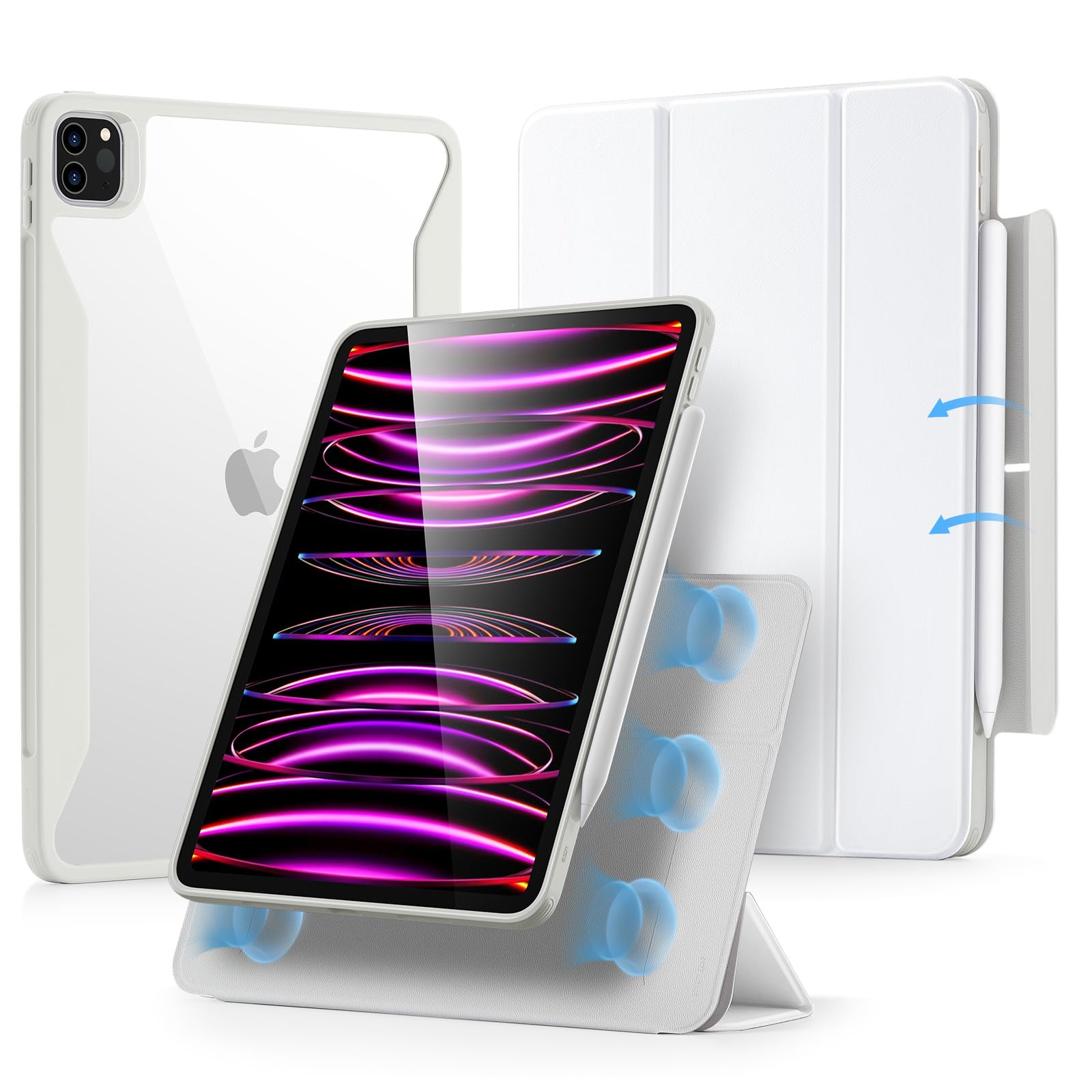 ESR iPad Pro 12.9 ケース 第6/5世代(2022/2021)専用 Pencilホルダー付き 取り外し可能マグネットカバー 縦置き/横置きスタンド Pencil 2対応 Rebound 360シリーズ ホワイト