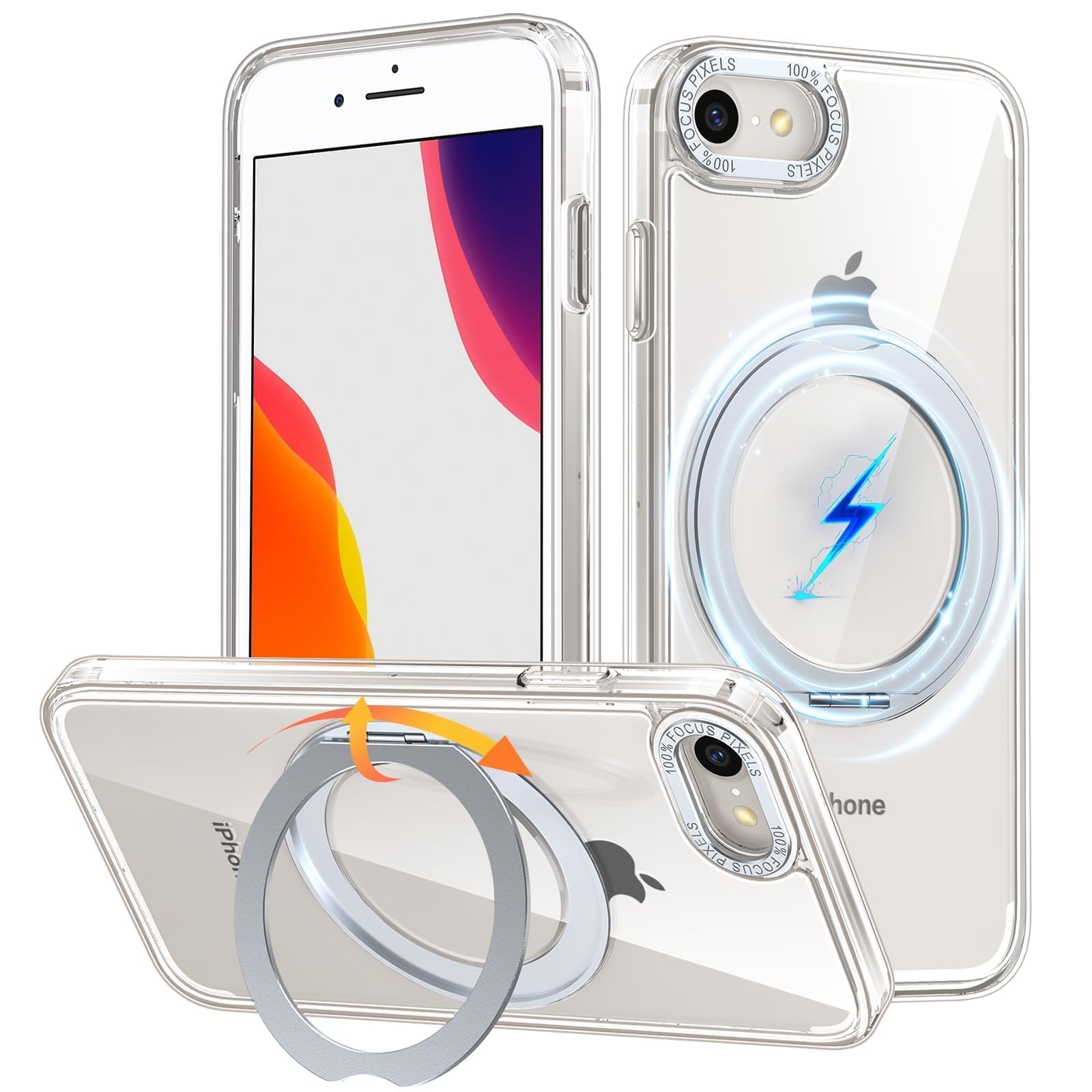 iPhone8 / iPhone SE2 / iPhone SE3 用 ケース Magsafe対応 ワイヤレス充電 360°回転スタンド 縦横両対応 Gunwon スマホケース 米軍規格 耐衝撃 半透明 マット感 マグセーフ 防指紋 リング マグネット搭載