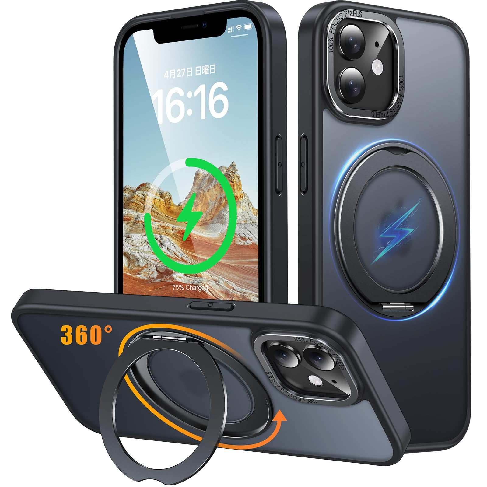 iPhone 11 用 ケース Magsafe対応 ワイヤレス充電 360°回転スタンド 縦横両対応 Gunwon スマホケース iphone11 用 米軍規格 耐衝撃 半透明 マット感 マグセーフ 防指紋 リング マグネット搭載 アイフォ
