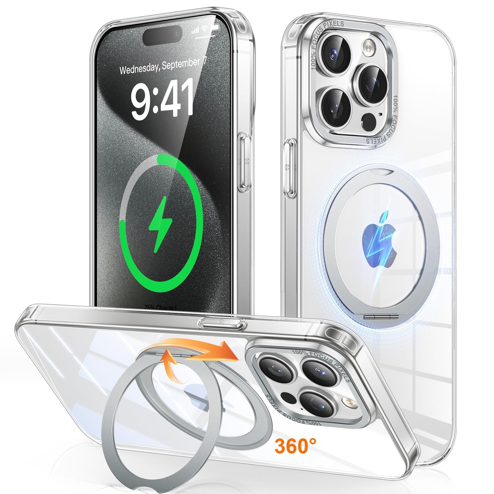 iPhone 13 Pro 用 ケース Magsafe対応 ワイヤレス充電 360°回転スタンド 縦横両対応 Gunwon スマホケース iphone13 Pro 用 米軍規格 耐衝撃 半透明 マット感 マグセーフ 防指紋 リング マグネット搭載 ア