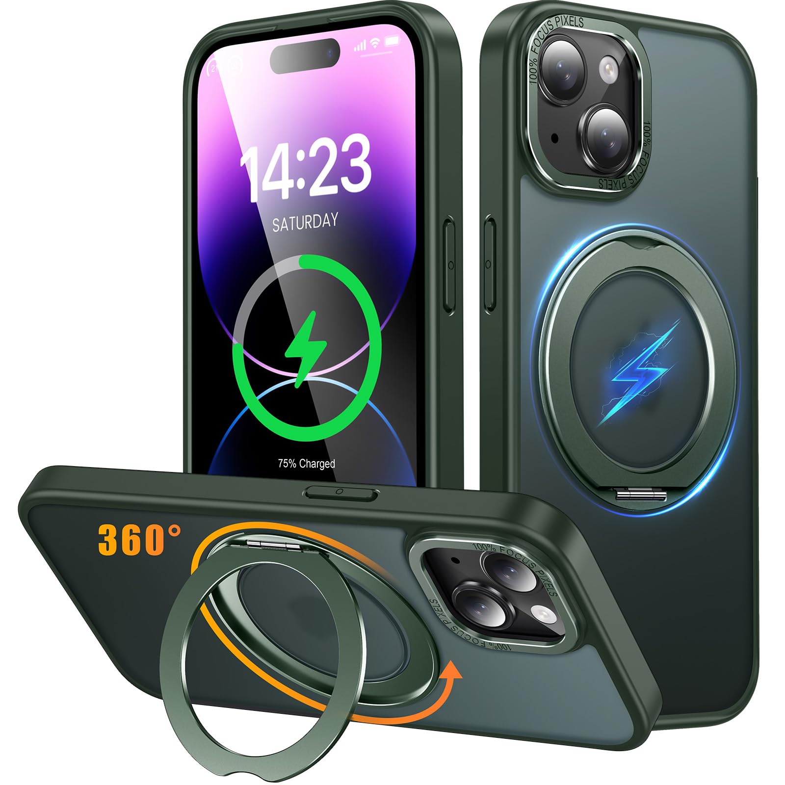 iPhone 14 / iPhone 13 用 ケース Magsafe対応 ワイヤレス充電 360°回転スタンド 縦横両対応 Gunwon スマホケース iphone14 / iPhone13 用 米軍規格 耐衝撃 半透明 マット感 マグセーフ 防指紋 リング マグネ