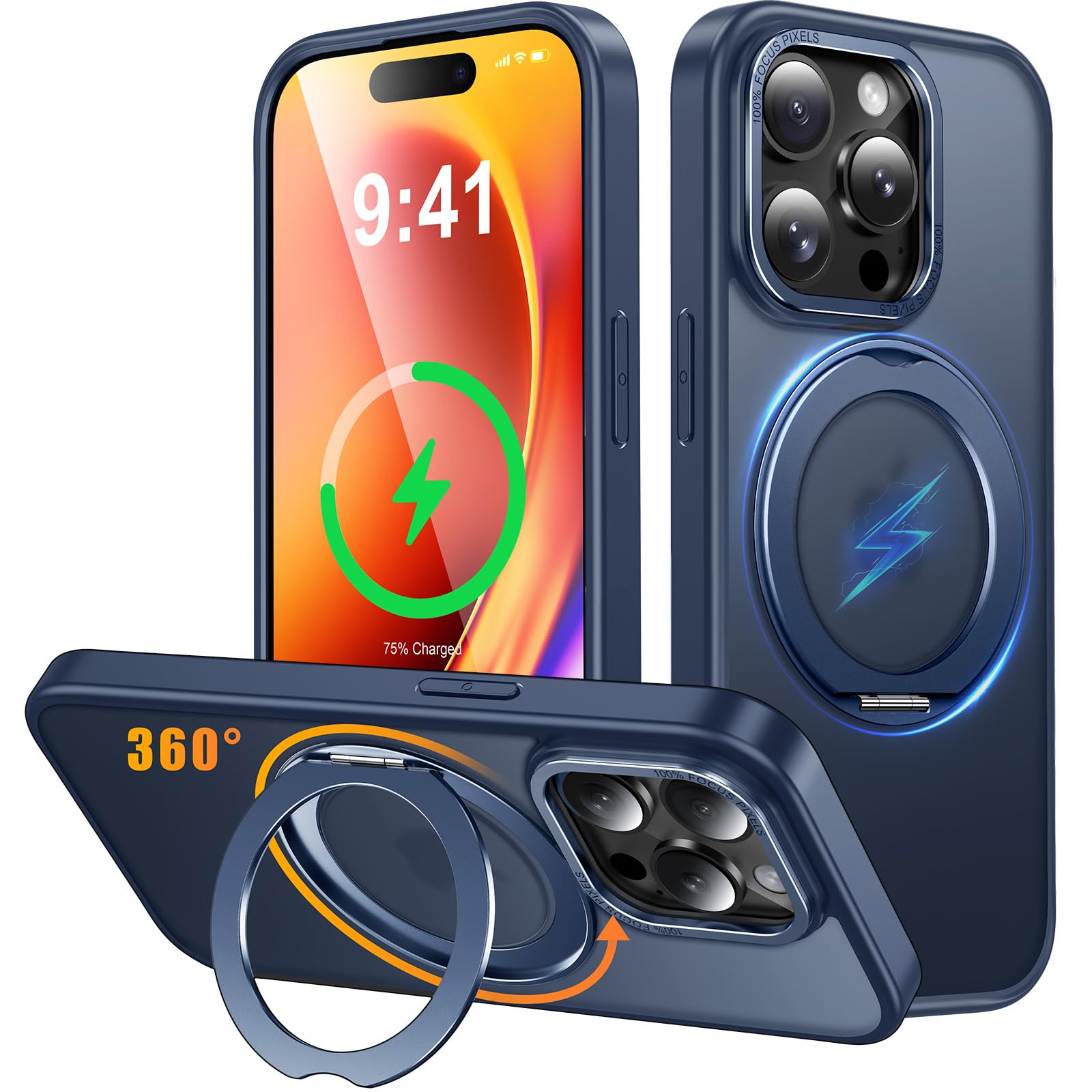 iPhone 13 Pro Max/iPhone 12 Pro Max 用 ケース Magsafe対応 ワイヤレス充電 360°回転スタンド 縦横両対応 Gunwon スマホケース 米軍規格 耐衝撃 半透明 マット感 マグセーフ 防指紋 リング マグネット搭載