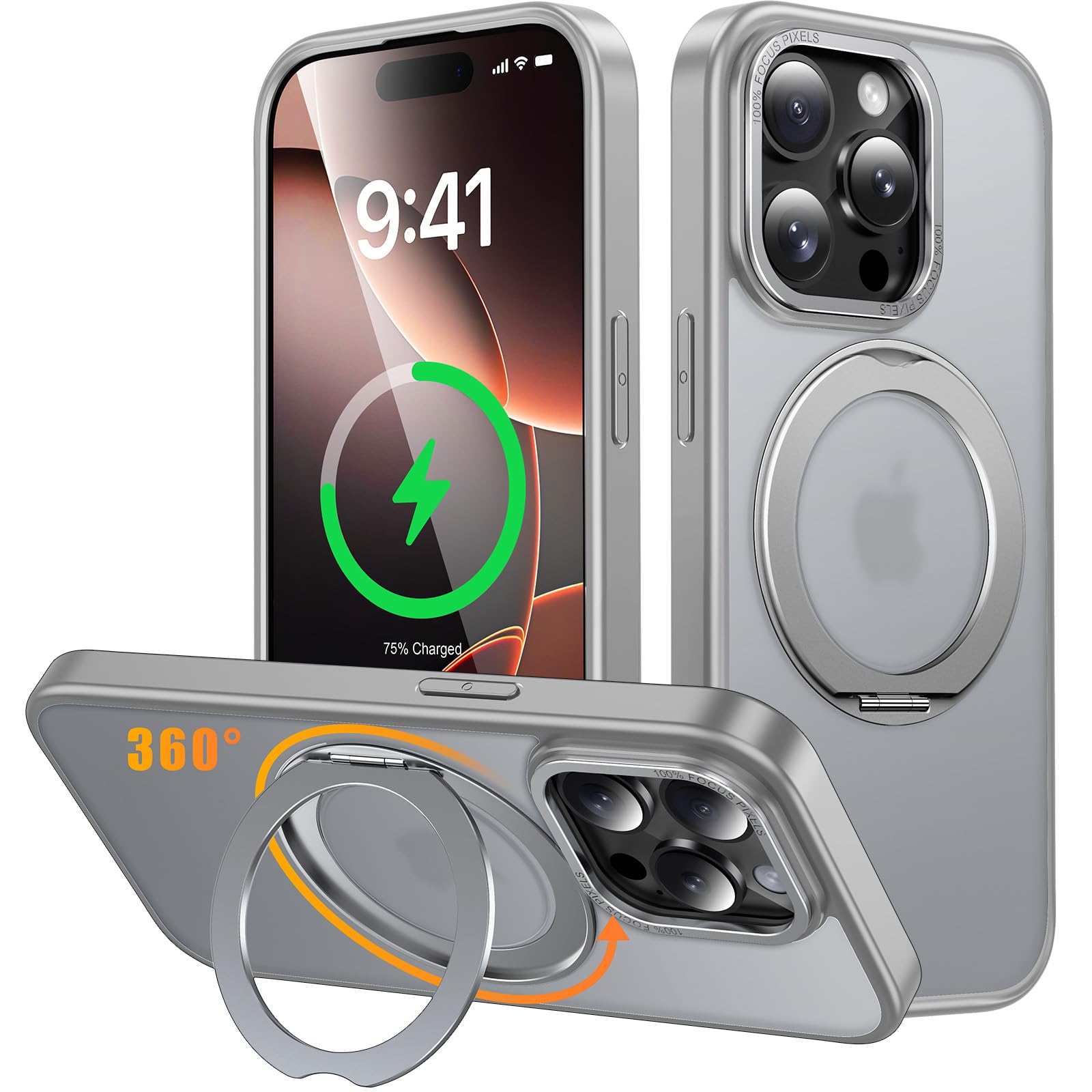 iPhone 13 Pro Max/iPhone 12 Pro Max 用 ケース Magsafe対応 ワイヤレス充電 360°回転スタンド 縦横両対応 Gunwon スマホケース 米軍規格 耐衝撃 半透明 マット感 マグセーフ 防指紋 リング マグネット搭載