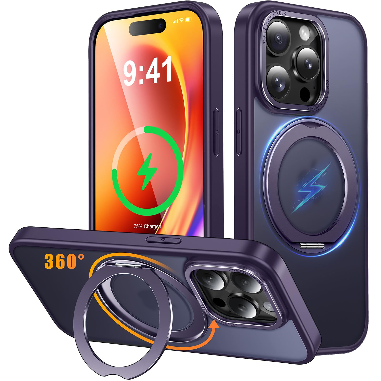 iPhone 14 Pro Max 用 ケース Magsafe対応 ワイヤレス充電 360°回転スタンド 縦横両対応 Gunwon スマホケース iphone14 Pro Max 用 米軍規格 耐衝撃 半透明 マット感 マグセーフ 防指紋 リング マグネット搭
