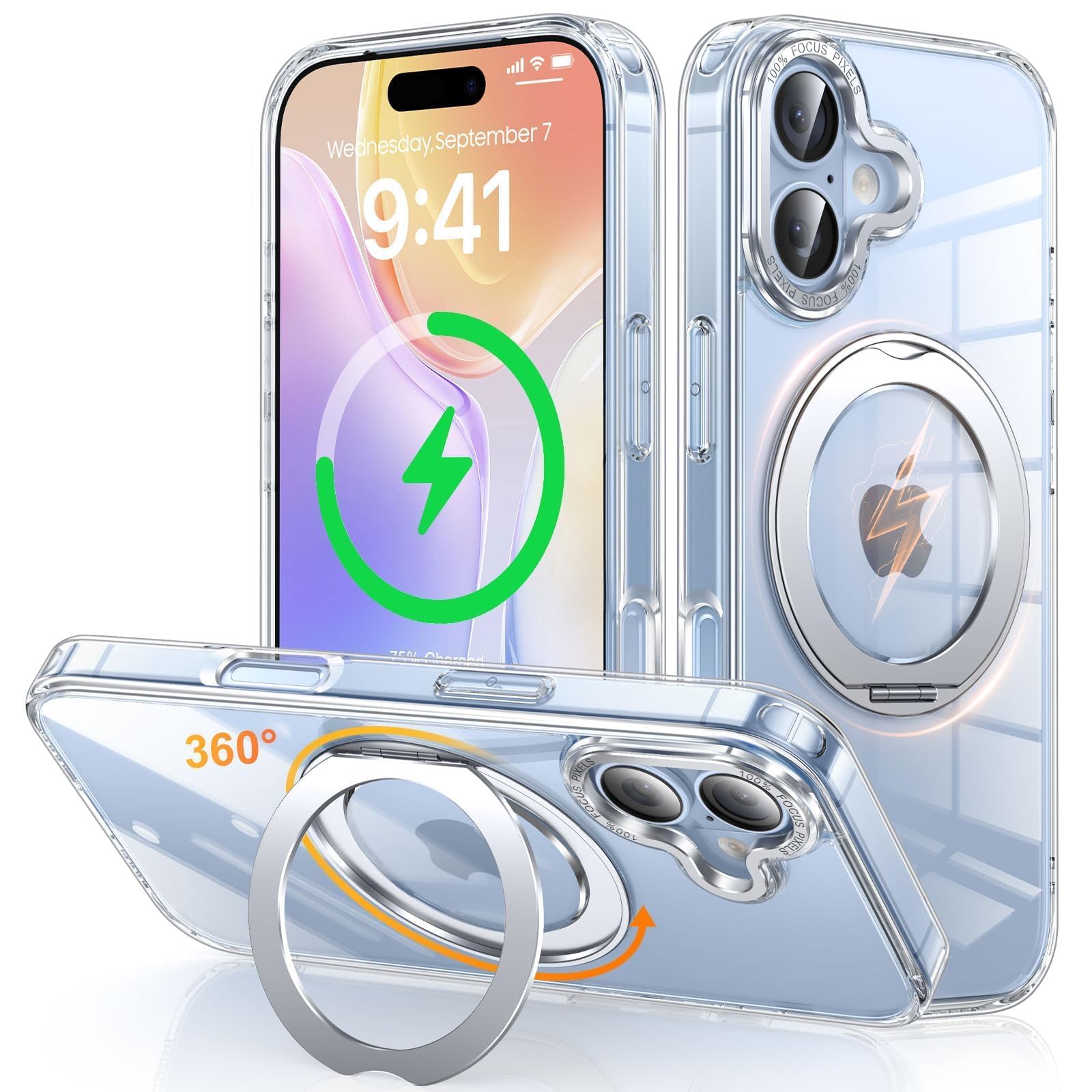 iPhone 17 用 ケース Magsafe対応 ワイヤレス充電 360°回転スタンド 縦横両対応 Gunwon スマホケース あいふおん 17 用 米軍規格 耐衝撃 マグセーフ 防指紋 リング マグネット搭載 アイフォン17 用 カ