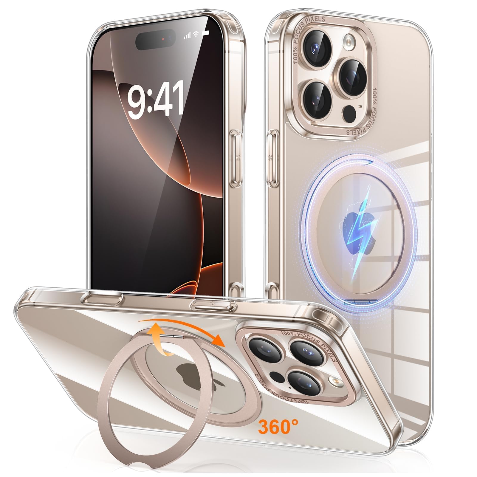 iPhone 16 Pro Max 用 ケース Magsafe対応 ワイヤレス充電 360°回転スタンド 縦横両対応 Gunwon スマホケース iphone16 Pro Max 用 米軍規格 耐衝撃 半透明 マット感 マグセーフ 防指紋 リング マグネット搭