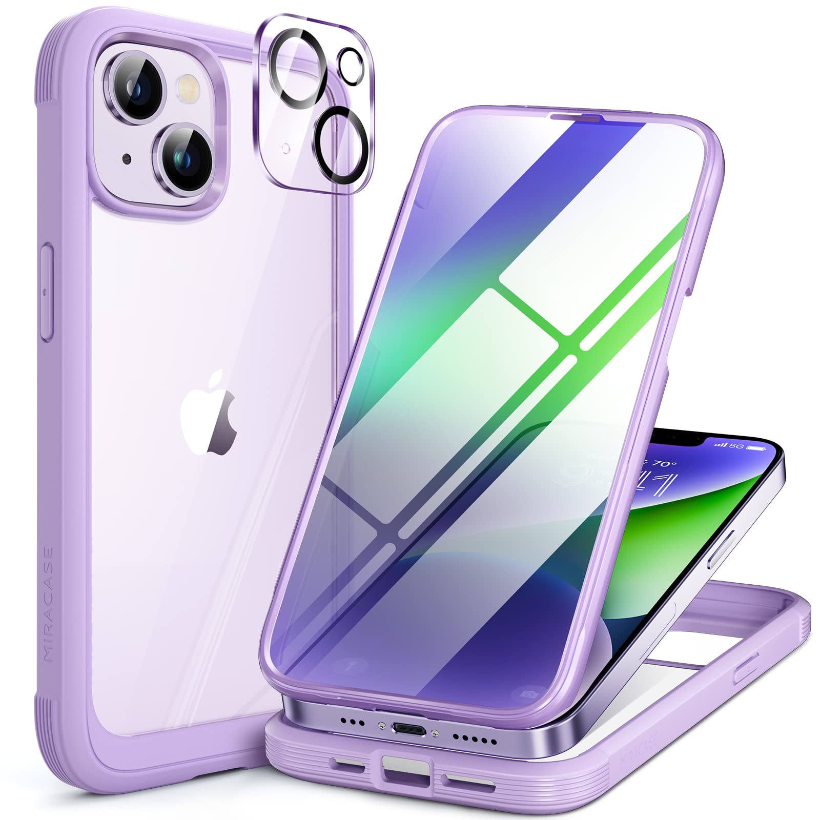 Miracase iPhone14ケース スマホケース iphone14 用 カバー 全身バンパー保護ケース 9H 強化ガラス 6.1インチ フルカバー 360°保護 ワイヤレス充電対応 紫