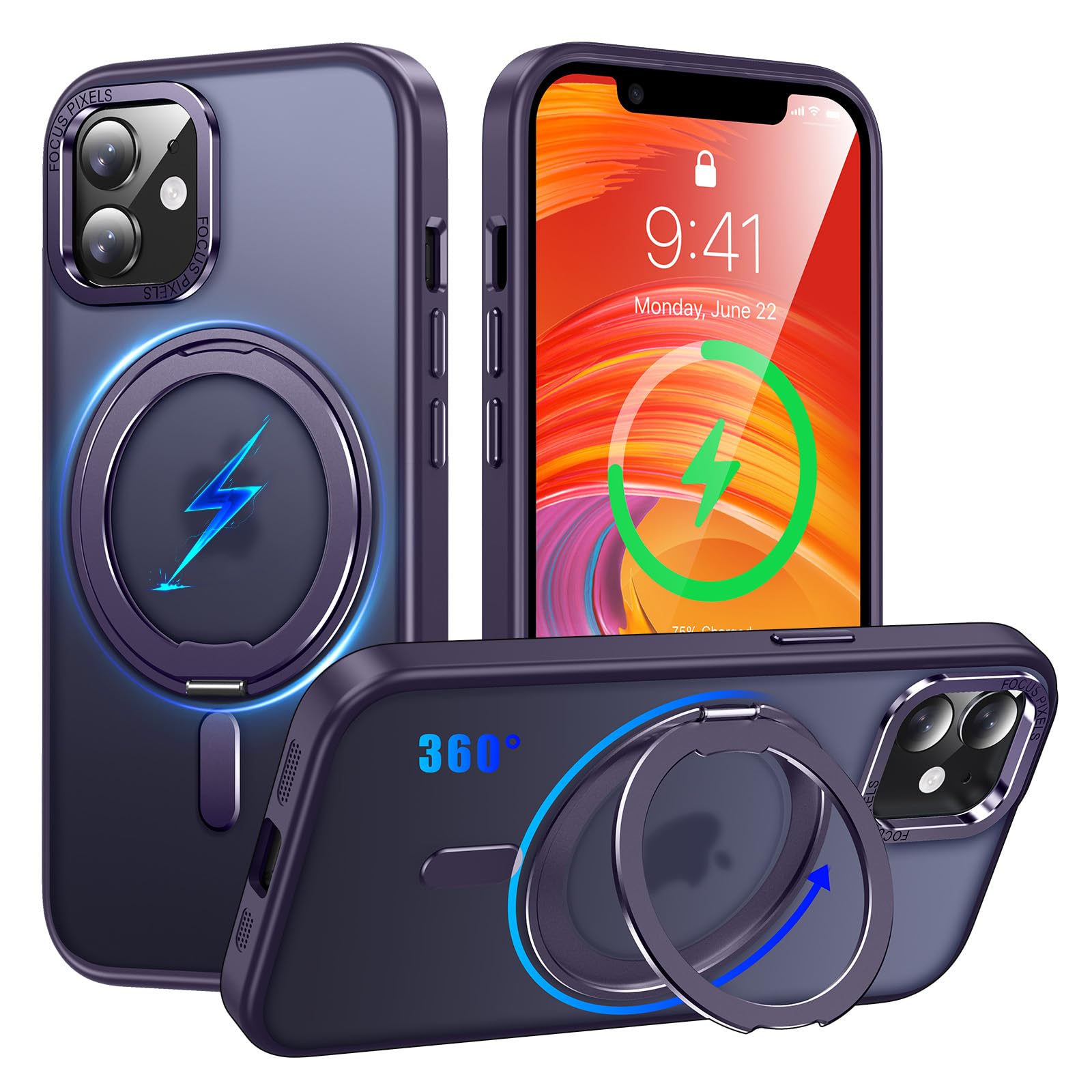 iPhone 11 用 ケース Magsafe対応 360°回転スタンド アイフォン11 カバー Uovon スマホケース アイホン 11 マグセーフ 携帯ケース ワイヤレス充電 対応 ストラップ穴付き 半透明 黄?防止 指紋防止