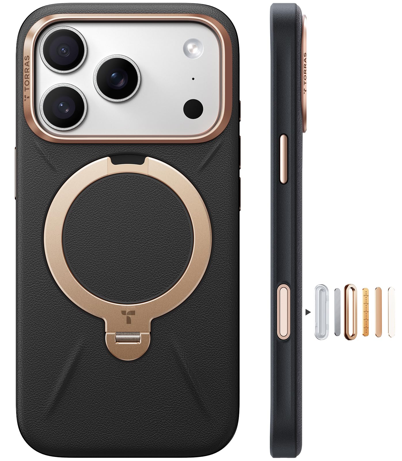 TORRAS iPhone 17 Pro 用 ケース【新感覚レザー・スキンタッチ】Ostand Q3 レザートーン MagSafe対応 リング スタンド 360°定点回転 縦横両対応 マグネット搭載 革 カメラコントロールボタン 米軍規格