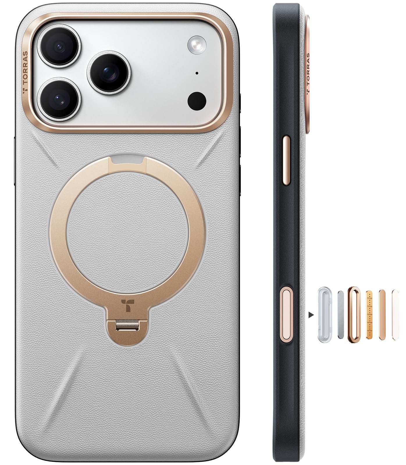 TORRAS iPhone 17 Pro Max 用 容れもの【新感覚的な体験レザー・スキンタッチ】Ostand Q3 なめし革音の高低 MagSafe相応う 輪っか 照明ランプ 360°定点回転させる 縦横両相応う 磁石積み上げる 革 カメラコントロールボタン 米軍規