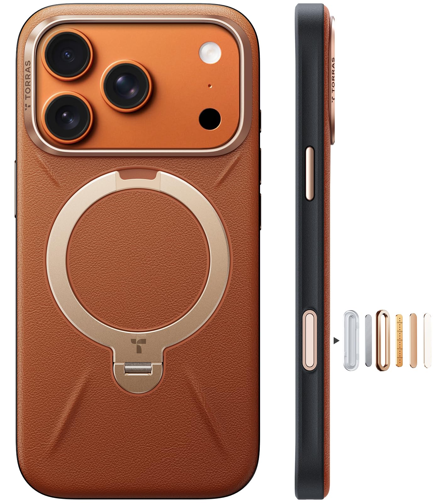 TORRAS iPhone 17 Pro 用 容れもの【新感覚的な体験レザー・スキンタッチ】Ostand Q3 なめし革音の高低 MagSafe相応う 輪っか 照明ランプ 360°定点回転させる 縦横両相応う 磁石積み上げる 革 カメラコントロールボタン 米軍標準尺度