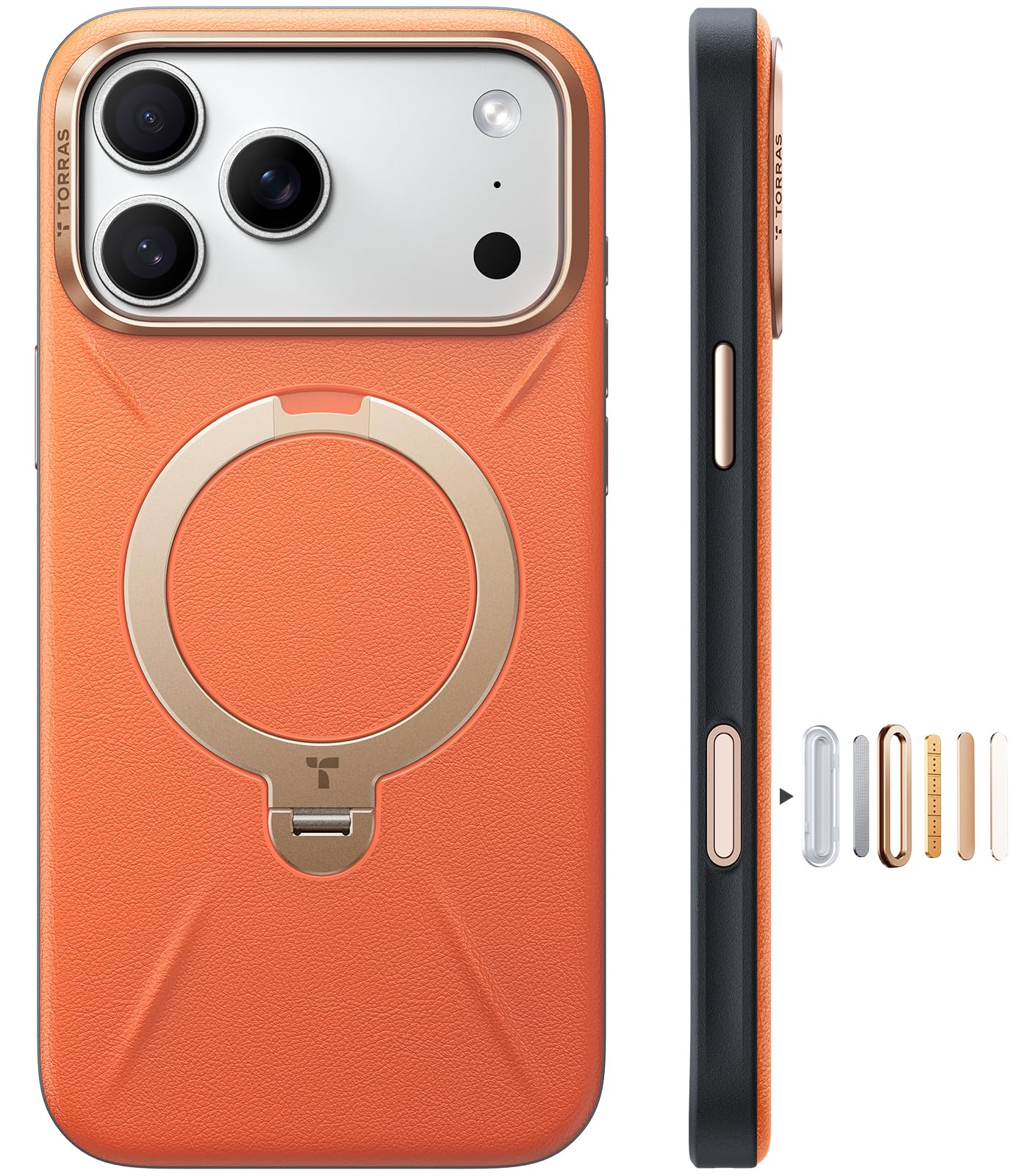 TORRAS iPhone 17 Pro Max 用 容れもの【新感覚的な体験レザー・スキンタッチ】Ostand Q3 なめし革音の高低 MagSafe相応う 輪っか 照明ランプ 360°定点回転させる 縦横両相応う 磁石積み上げる 革 カメラコントロールボタン 米軍規