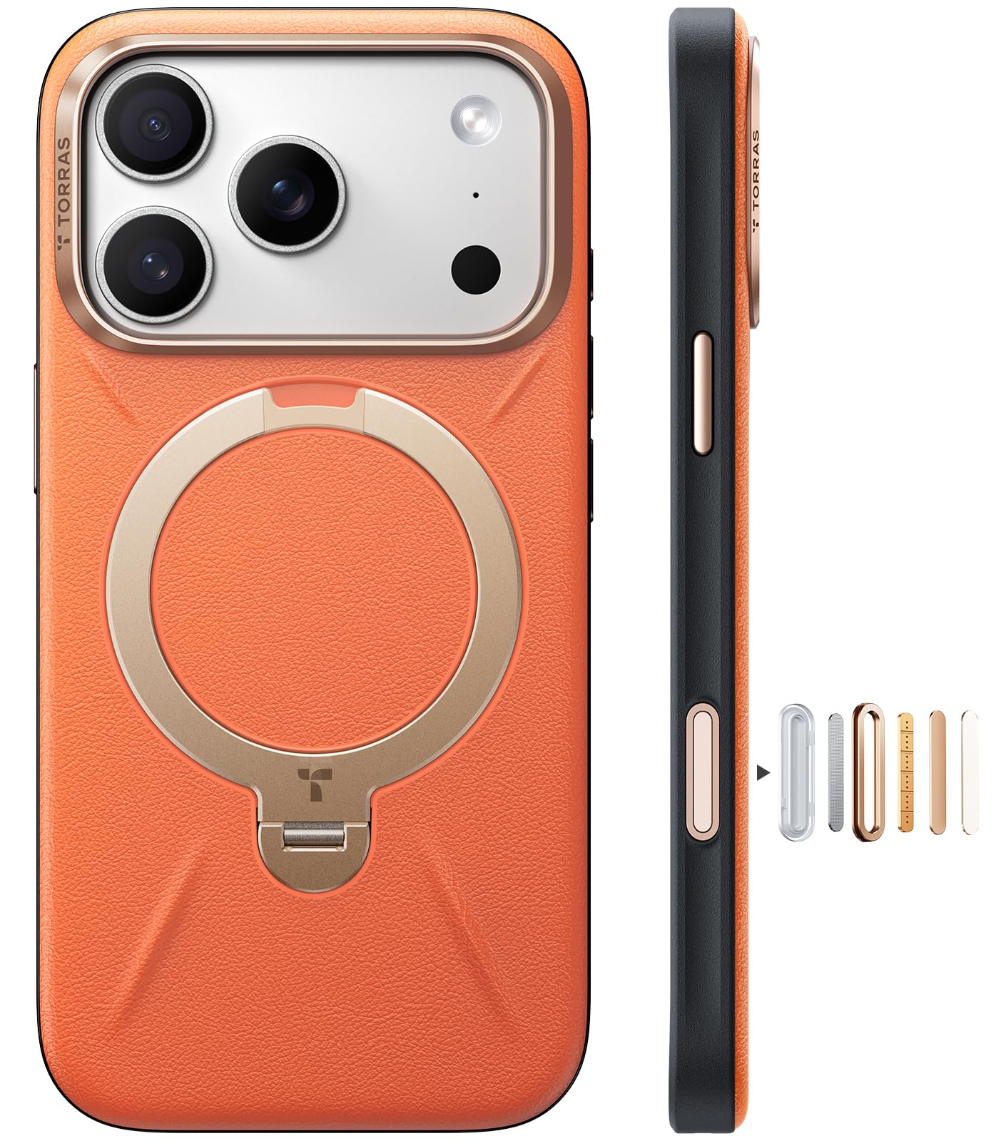 TORRAS iPhone 17 Pro 用 ケース【新感覚レザー・スキンタッチ】Ostand Q3 レザートーン MagSafe対応 リング スタンド 360°定点回転 縦横両対応 マグネット搭載 革 カメラコントロールボタン 米軍規格