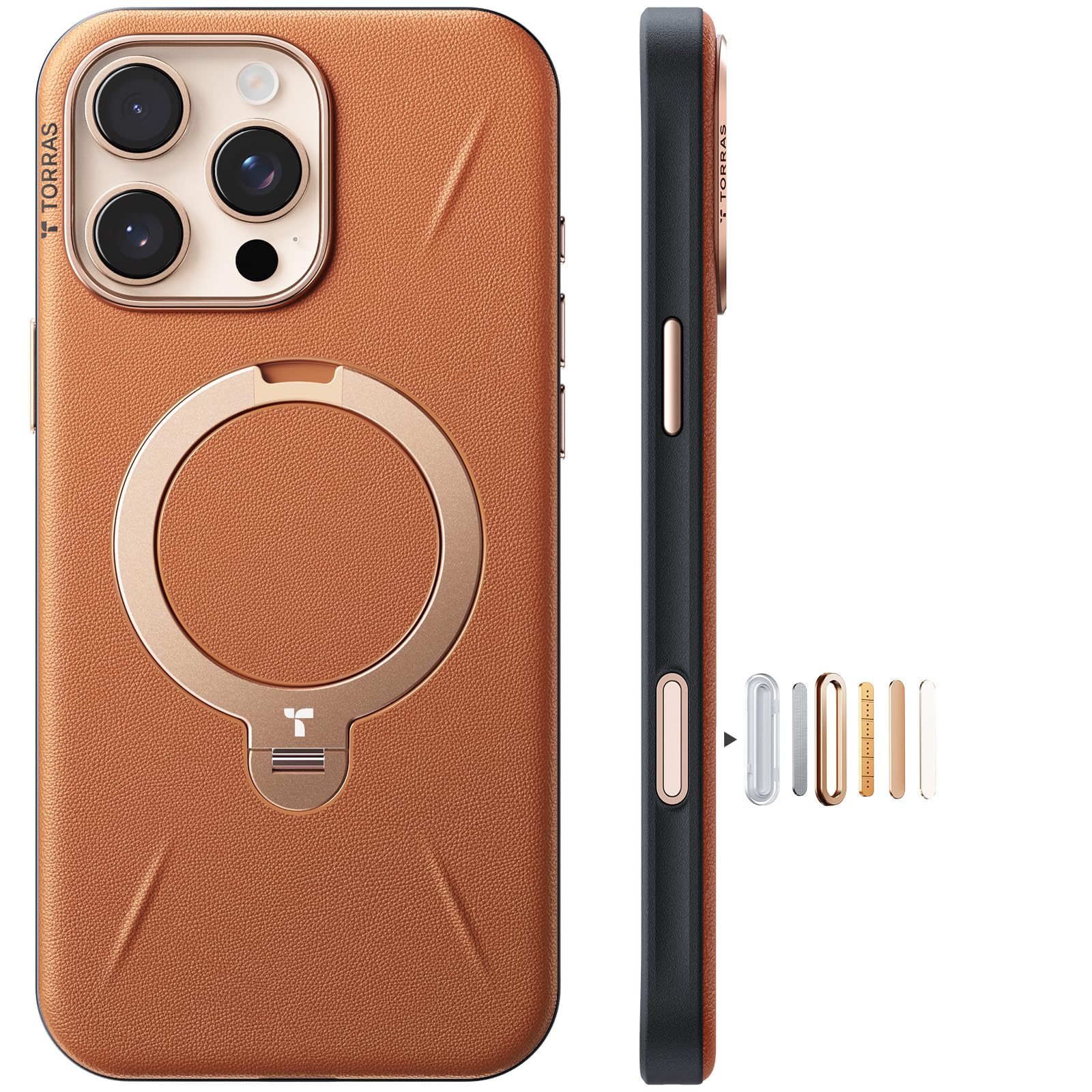 【新感覚レザー・スキンタッチ】TORRAS iPhone 16 Pro Max 用 ケース 革 ゼンマイ式スタンド 縦横両対応 リング マグネット搭載 MagSafe対応 ワイヤレス充電対応 米軍規格耐衝撃 指紋防止 黄変防止 6