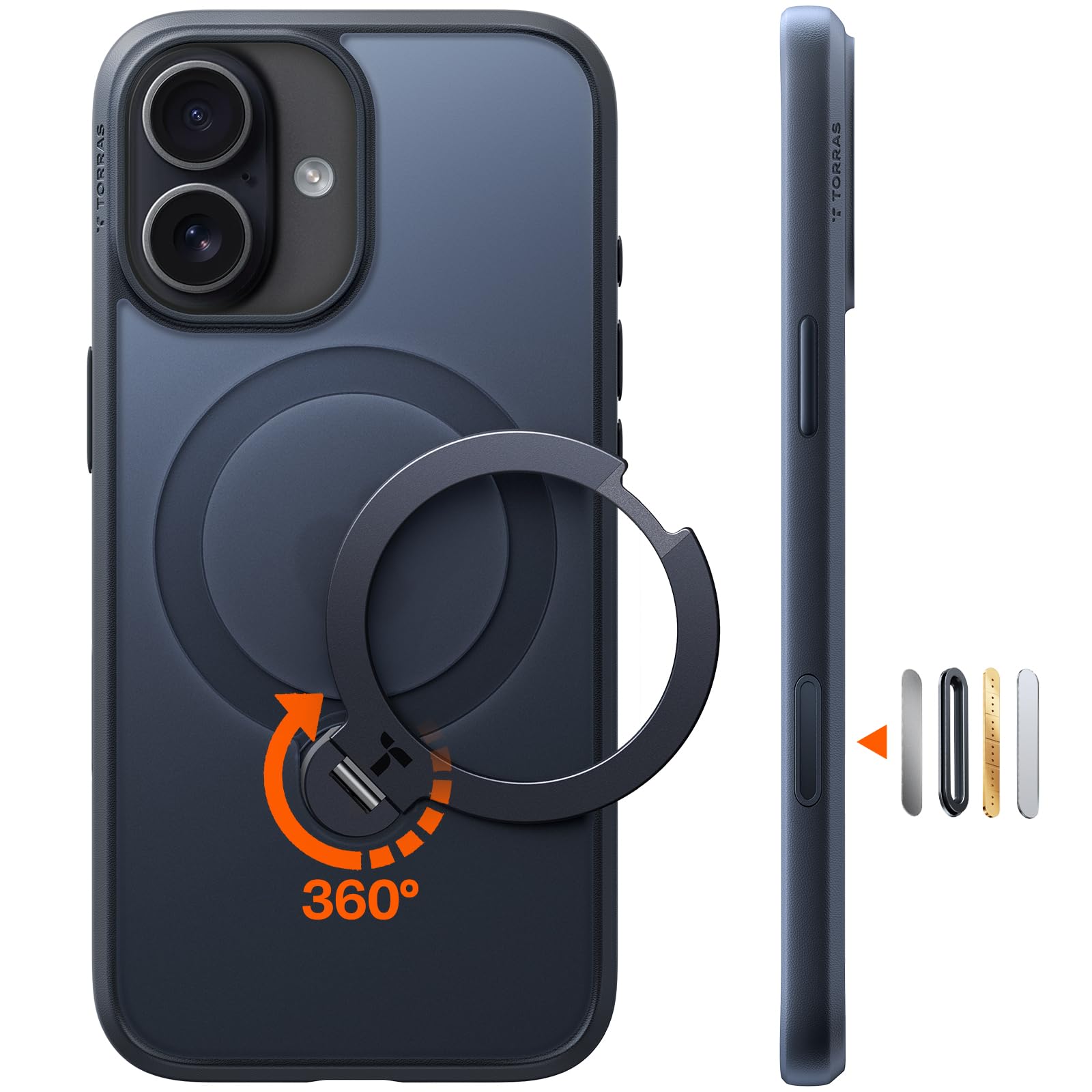 TORRAS iPhone 17 用 ケース【多機能一体・360°新定点回転スタンド】 Magsafe対応 カメラコントロールボタン 高耐久性 耐衝撃 ゼンマイ式スタンド リング 縦横両対応 マグネット搭載 急速充電対応