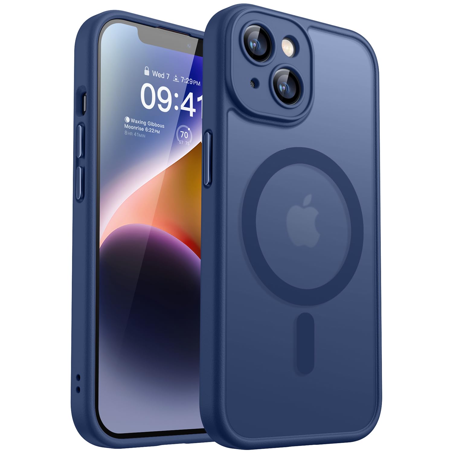 CANSHN iPhone 14 用 ケース 【Magsafe対応・カメラ全面保護】 耐衝撃 黄ばみなし マグネット搭載 半透明マット あいふぉん 14 用 ケース- ディープブルー
