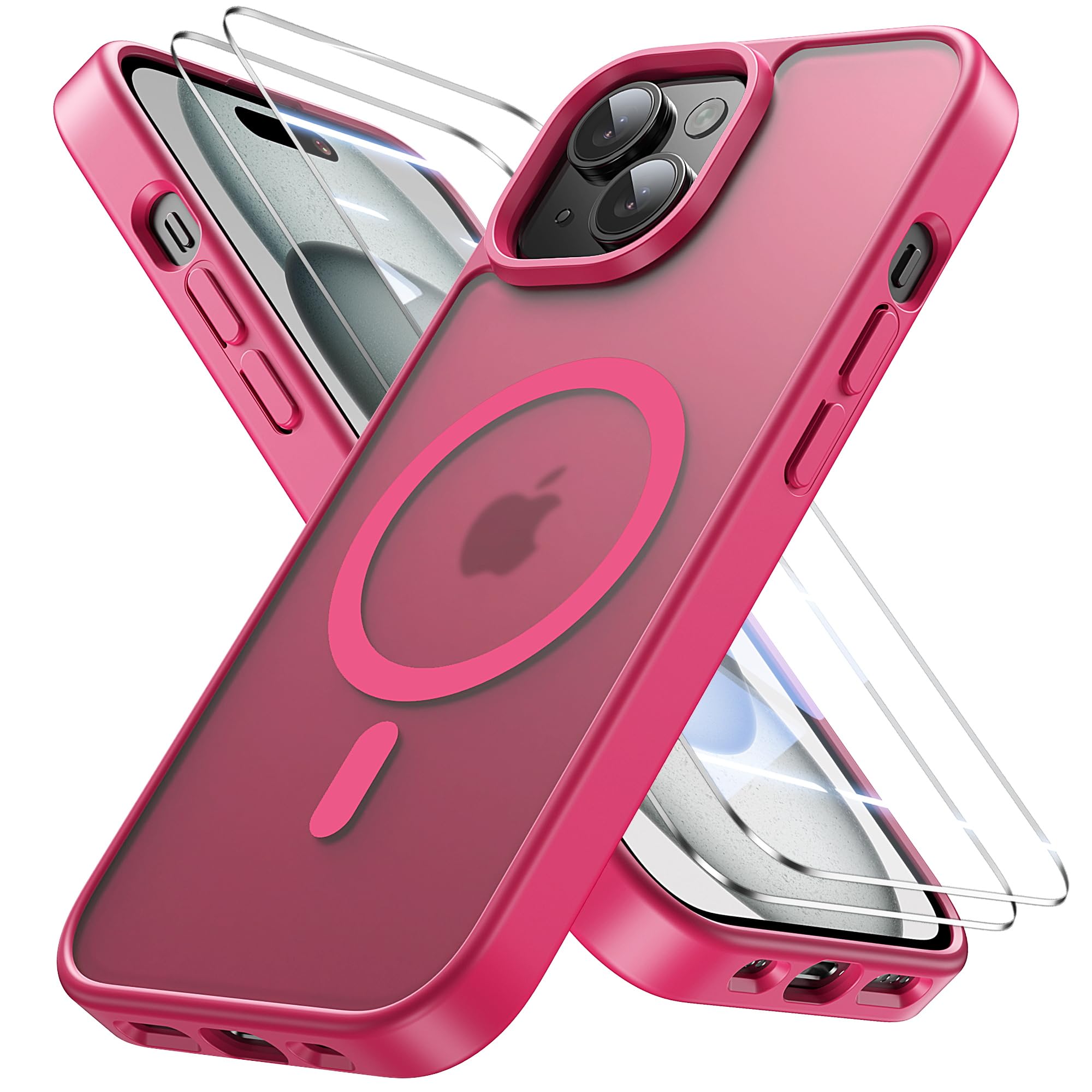 Bruzaio iPhone 15 用 ケース【強化フィルム2枚付き】Magsafe対応・米軍規格 いphone15 ケース 半透明 耐衝撃 指紋防止 滑り止め マグネット搭載 ワイヤレス充電 耐久性 全面保護 黄ばみなし あいほ
