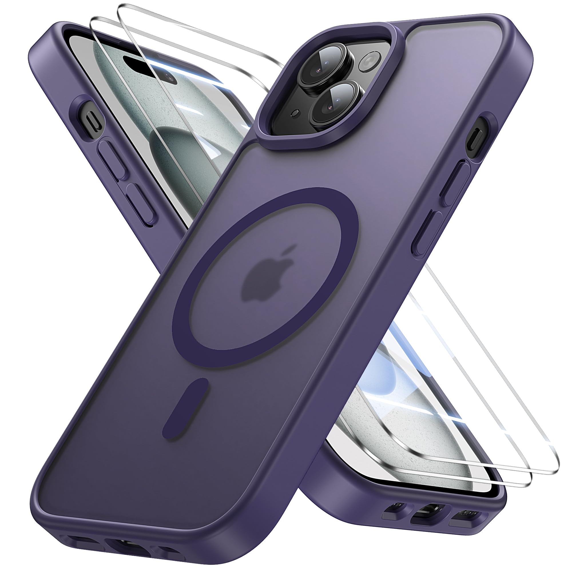 Bruzaio iPhone 15 用 ケース【強化フィルム2枚付き】Magsafe対応・米軍規格 いphone15 ケース 半透明 耐衝撃 指紋防止 滑り止め マグネット搭載 ワイヤレス充電 耐久性 全面保護 黄ばみなし あいほ