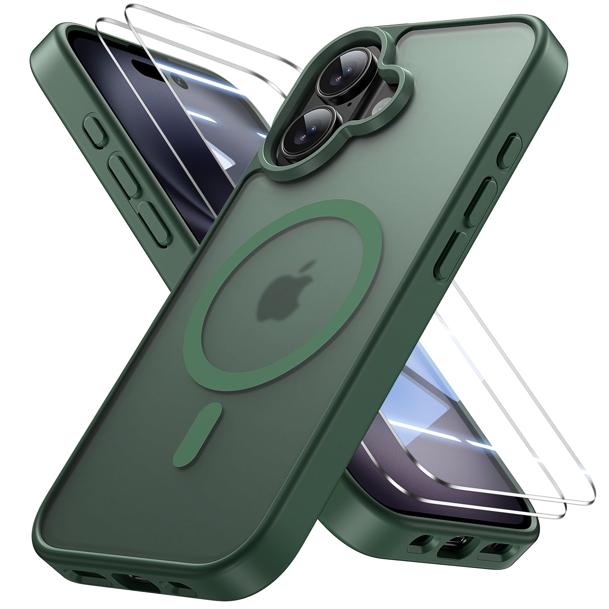 Bruzaio iPhone 16 用 ケース【強化フィルム2枚付き】Magsafe対応・米軍規格 いphone16 ケース 半透明 耐衝撃 指紋防止 滑り止め マグネット搭載 ワイヤレス充電 耐久性 全面保護 黄ばみなし あいほ