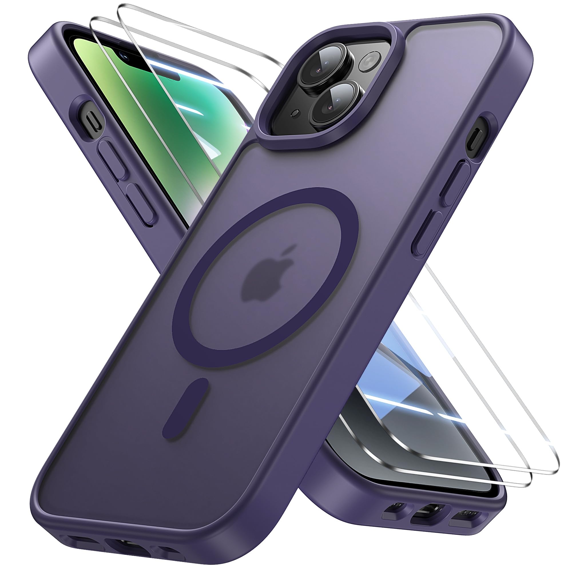 Bruzaio iPhone 14/13 用 ケース【強化フィルム2枚付き】Magsafe対応・米軍規格 いphone14/13 ケース 半透明 耐衝撃 指紋防止 滑り止め マグネット搭載 ワイヤレス充電 耐久性 全面保護 黄ばみなし あ