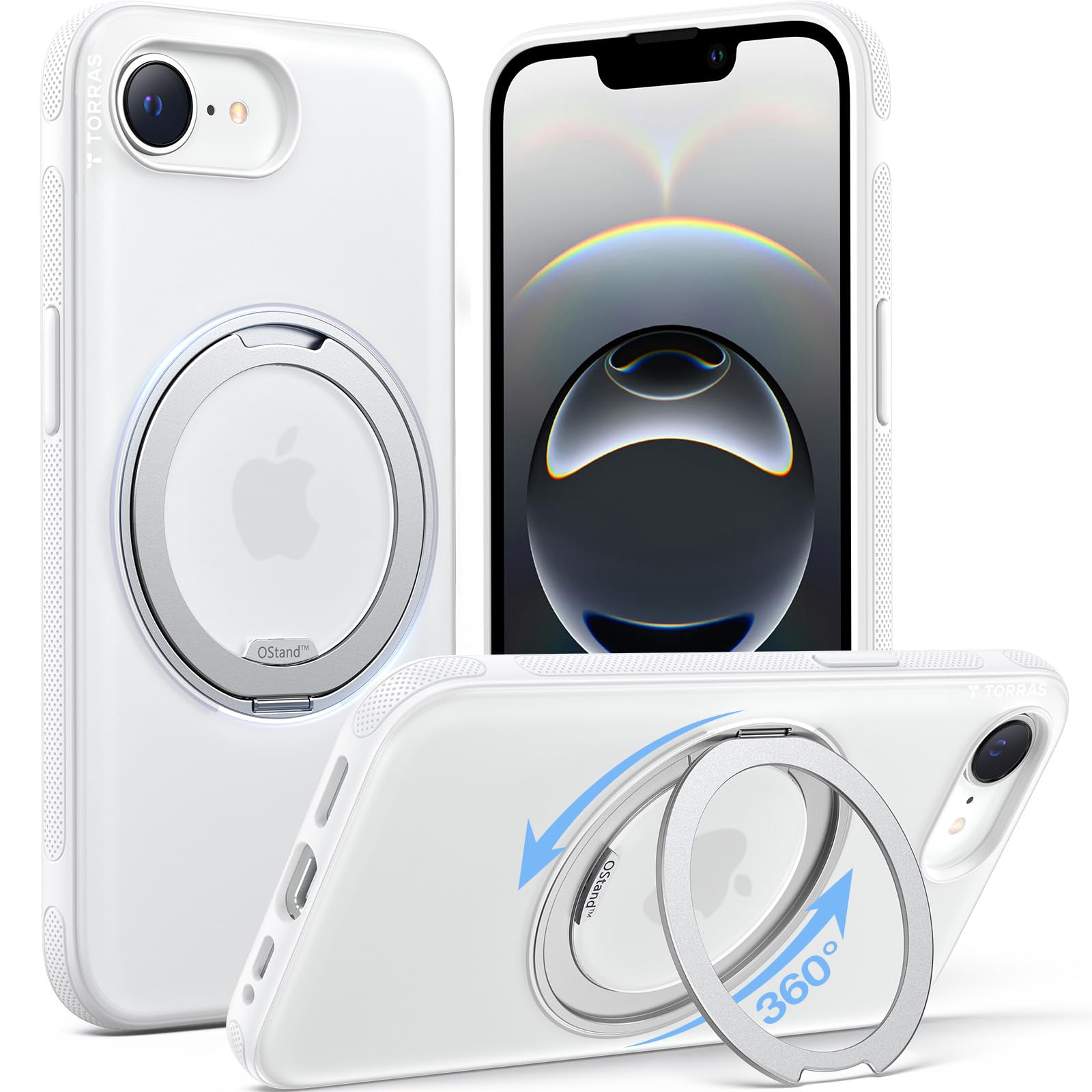 TORRAS iPhone 16e 用 ケース【動画視聴用スタンドケース】多機能一体360°回転スタンド 2025 半透明 耐衝撃 マット感 黄ばみなし レンズ保護 ストラップホール付き Magsafe対応 ワイヤレス充電対応