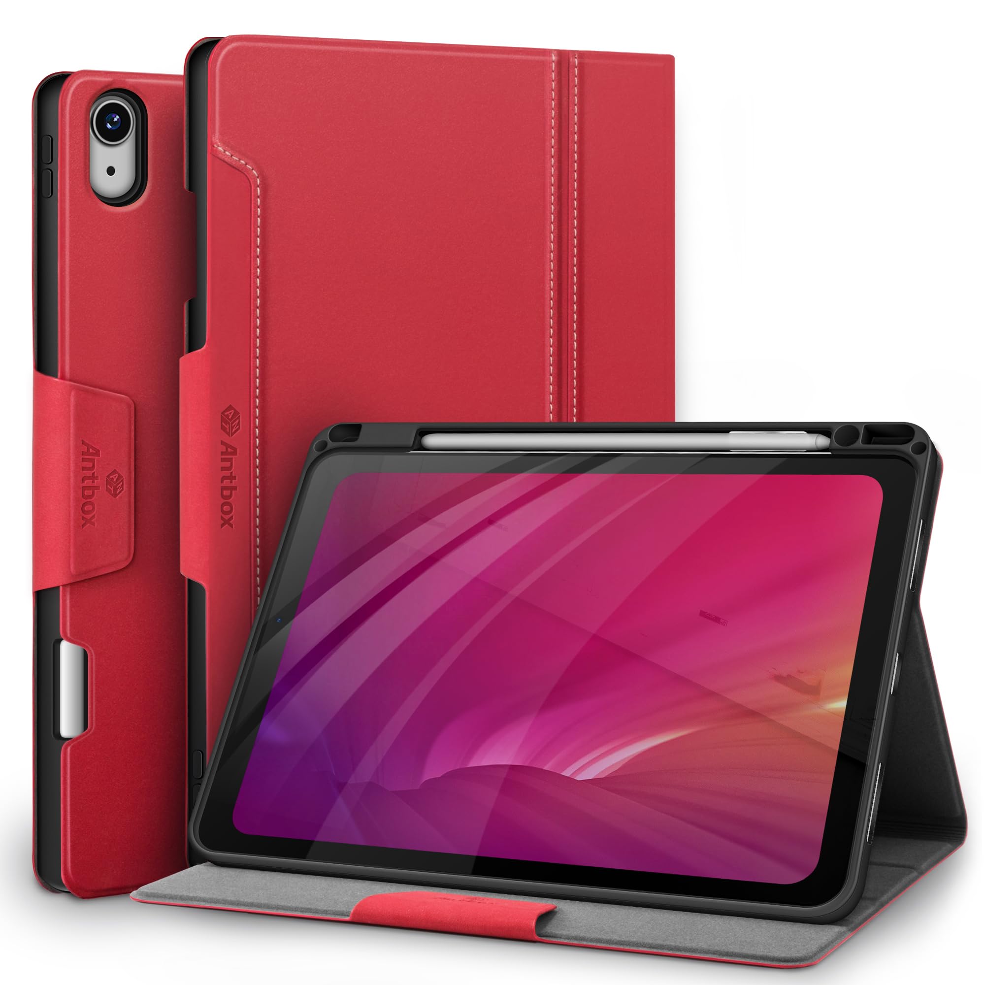 Antbox iPad Air 11 インチ ケース M3 (2025) / M2 (2024) Pencilホルダー iPad Air 第7/6/5/4世代 ケース オートスリープ対応 ひび割れ防止 ソフトPUレザー製 マルチスタンド機能付き (レッド)