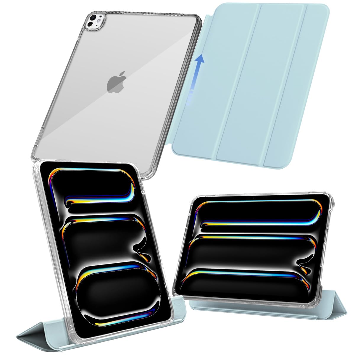 MS factory iPad Pro 13インチ ケース M5 M4 (2025/2024) 用 取り外し可能 軽量 耐衝撃 カバー 縦置き/横置きスタンド Pro 13 M4 ケース ソフトフレーム 背面透明 ペールスカイブルー 水色 IPDP13m4-SLD-PSK