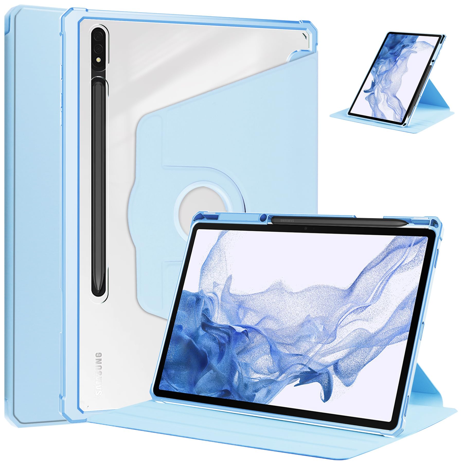 360度回転式 スタンド 対応 Galaxy Tab A9+ 11インチ ケース 縦置きカバー S Pen 収納 充電対応 軽量 耐衝撃 透明バックカバー ギャラクシー Tab A9 Plus 保護ケース, ブルー