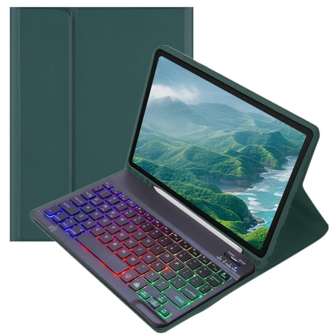 Disonbeir カラフルバックライト付き 対応 iPadAir13インチ (M3,M2) 2025 2024/ iPadPro12.9 第6/5/4/3世代 キーボードケース お洒落 可愛い バックライトキーボード ケース 分離式 学生 ビジネス,深緑+黒