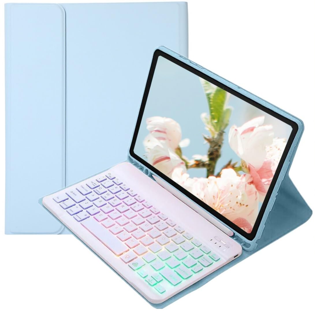 Disonbeir カラフルバックライト付き 対応 iPadAir13インチ M3 M2/ iPadPro12.9インチ 第6/5/4/3世代 キーボードケース お洒落 可愛い バックライトキーボード ケース 分離式 学生 ビジネス,薄ブルー+白