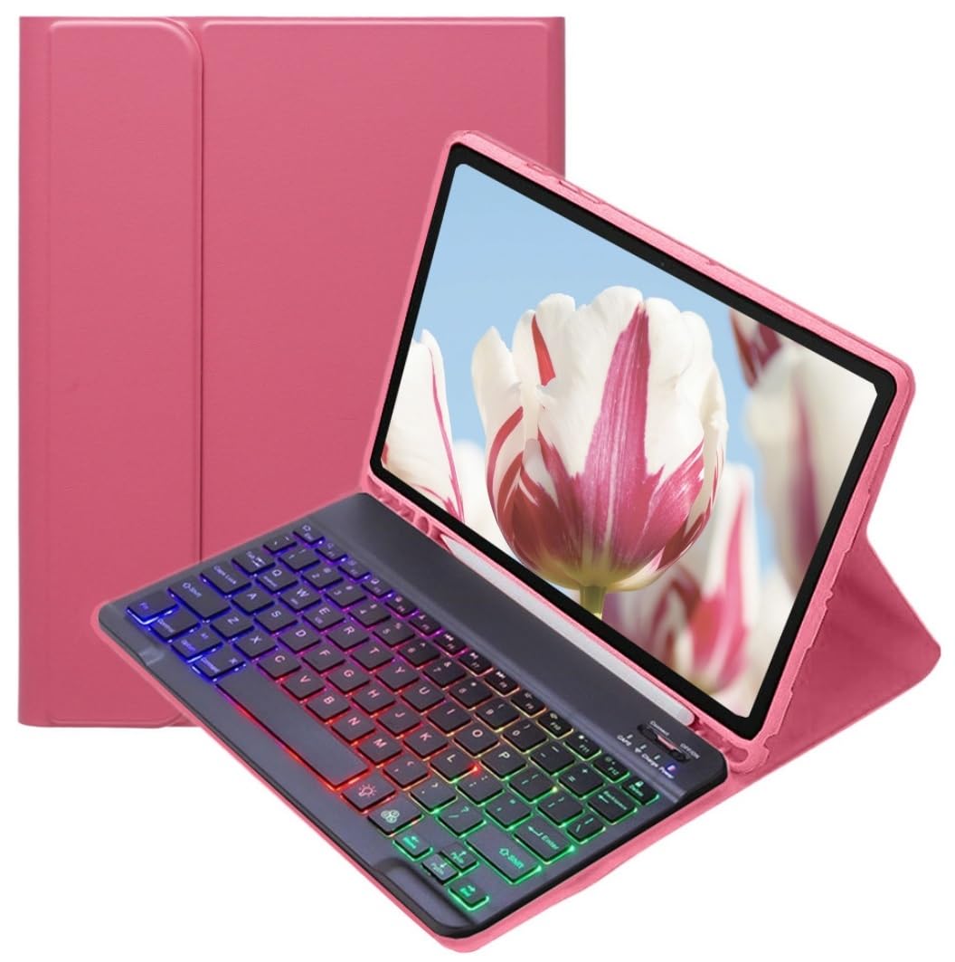 Disonbeir カラフルバックライト付き 対応 iPad6 iPad5 iPad Air Air2 iPad Pro 9.7インチ キーボードケース お洒落 可愛い バックライトキーボード ケース マグネット分離式 学生 ビジネス,濃いピンク+黒