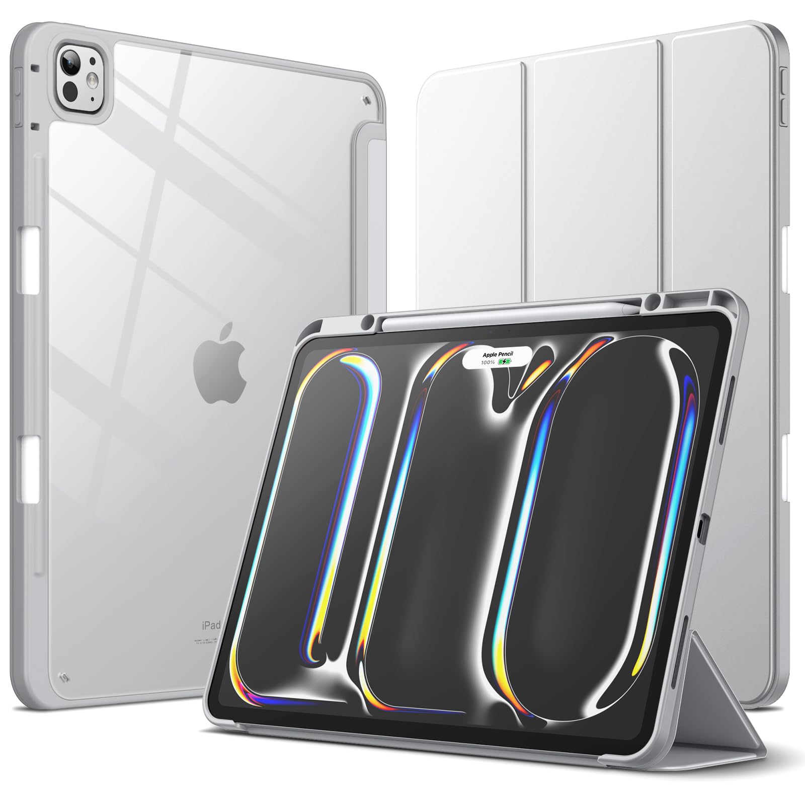 JETech iPad Pro 13インチ M5/M4(2025/2024)用 ケース Pencilホルダー付き 透明バックカバー スリムスタンド 衝撃吸収 タブレットカバー オートウェイク/スリープ機能 (シルバー)
