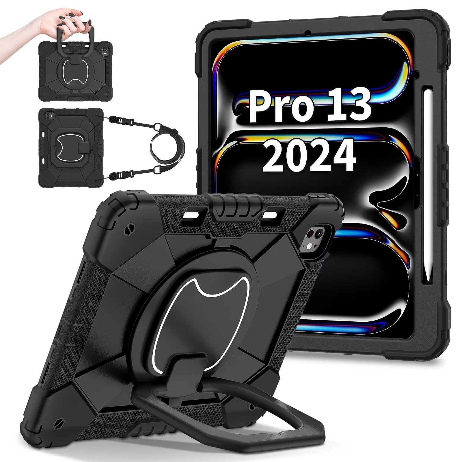 Moogukadan 360度回転させる iPad Pro 13in用 2025 M5/ 2024 M4 容れもの 書きもの 納める ケイ素樹脂 防塵取りまかなう 牢固たる 膝掛け キッズ 小わっぱ取りまかなう 輪っか手持ち部分 縦置き 横置き 照明ランプ 耐衝撃 落っこちる押しとどめる，黒