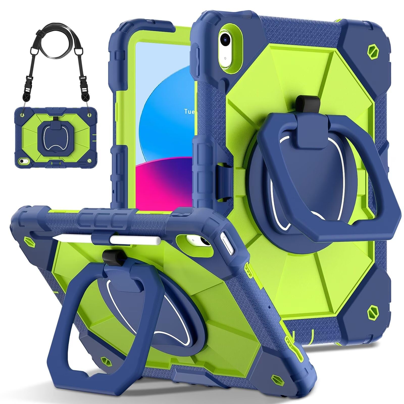 Moogukadan 360度回転 iPad 11（A16）用 第11世代ケース iPad 10 第10世代 10.9インチ用カバー ペン 収納 シリコン 防塵 頑丈 肩掛け キッズ 子供カバー リングハンドル 縦置き 横置き スタンド 耐衝撃