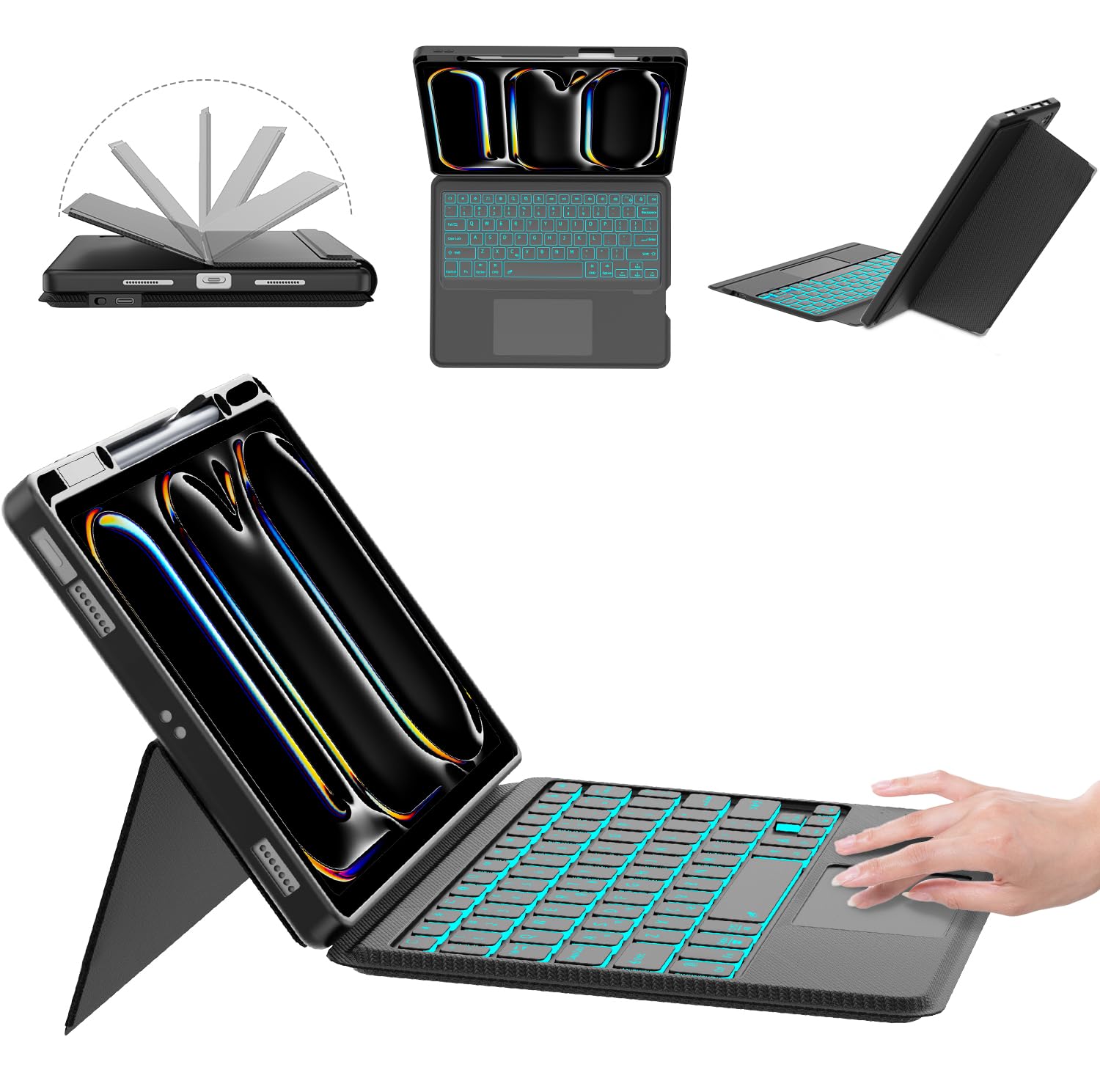 【2025最新型】iPad Pro 13インチ (M5 2025 M4 2024) キーボード付きケース 縦向き・横向き対応 7色バックライト 高精度トラックパッド搭載 Type-C充電 15°～180°角度調整 3台デバイス切替 ペンシルホ