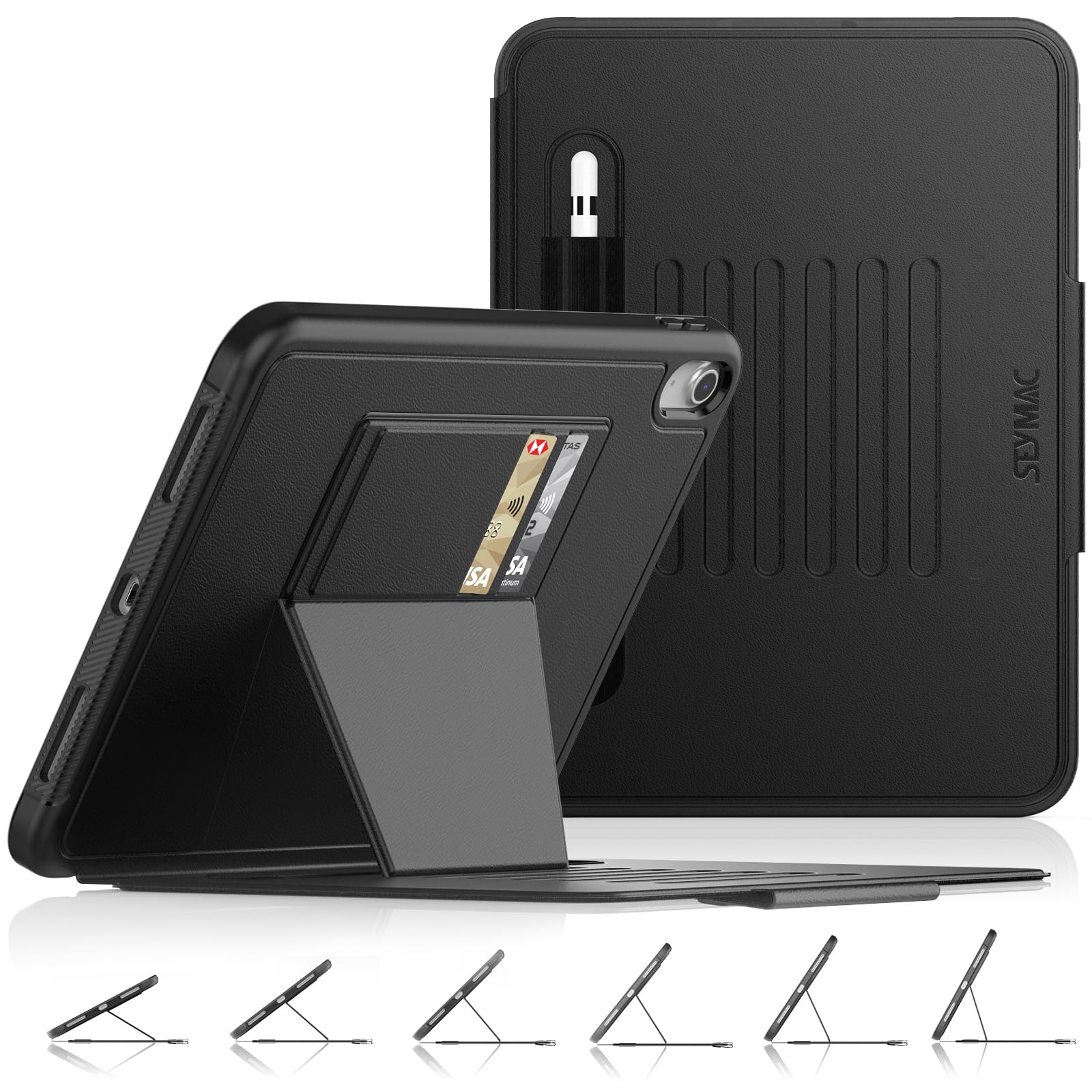 SEYMAC stock iPad(A16) 第11世代11インチ/第10世代10.9インチ耐衝撃ケース 多角度横置き調節 オートスリープ ペン収納 カード収納 強磁力全面保護カバー（ブラック）｜WES STORE