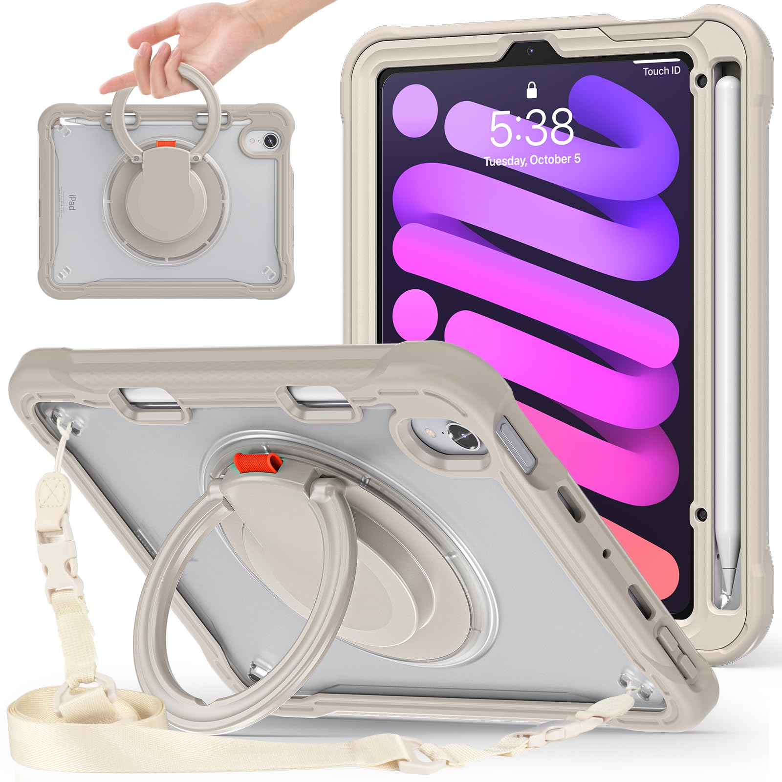 PboyiqiS For iPad Mini 7 2024 ケース,iPad Mini 6 ケース2021 8.3インチ半透明ケース,360°回転スハンドホルダー ス,スタンド機能 耐衝撃 頑丈 調節可能肩掛けー付き 落下防止 アウトドア,多機能実用全面