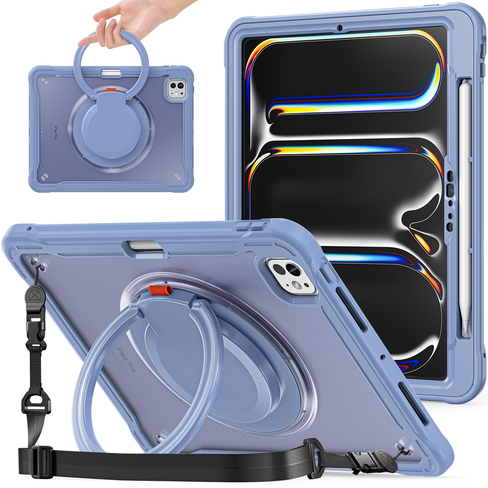 半透明ケース 用の iPad Pro 11インチ M5/M4 2025/2024 (第6/5世代), 360&deg;回転スハンドホルダー ス,スタンド機能 耐衝撃 頑丈 調節可能肩掛けー付き アウトドア,多機能 全面保護 ペンホルダー付き,パ｜WES STORE