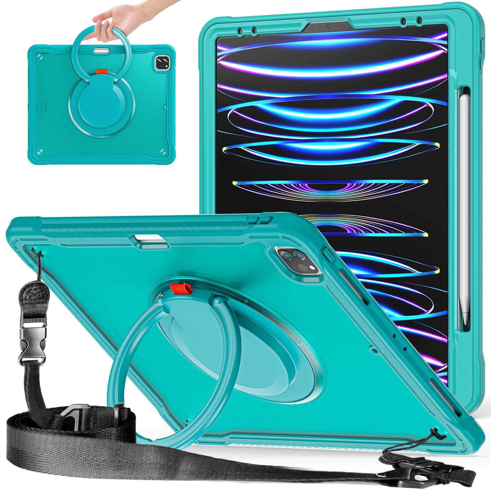 PboyiqiS For iPad Air 13 インチ2025/2024半透明ケース,Aslo For iPad Pro 12.9インチ半透明ケース,360°回転スハンドホルダー ス,スタンド機能 耐衝撃 頑丈 調節可能肩掛けー付き 落下防止 アウトドア,多機