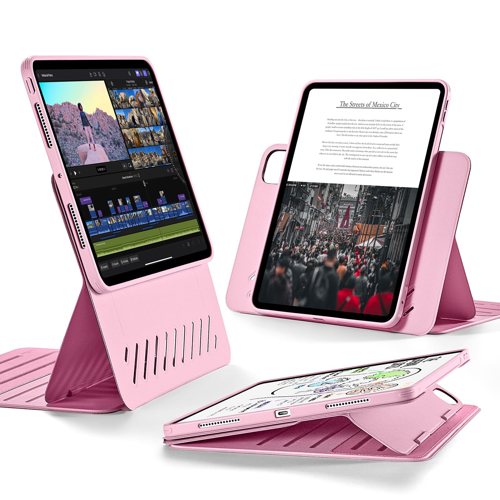 ESR iPad Pro 11インチ ケース（M5/M4、2025/2024）専用 取外し可能なマグネットカバー付き回転式ケース 縦向き/横向きスタンド 6段階の角度調節可能 Pencil Pro/USB-C対応 Shiftシリーズ ピンク