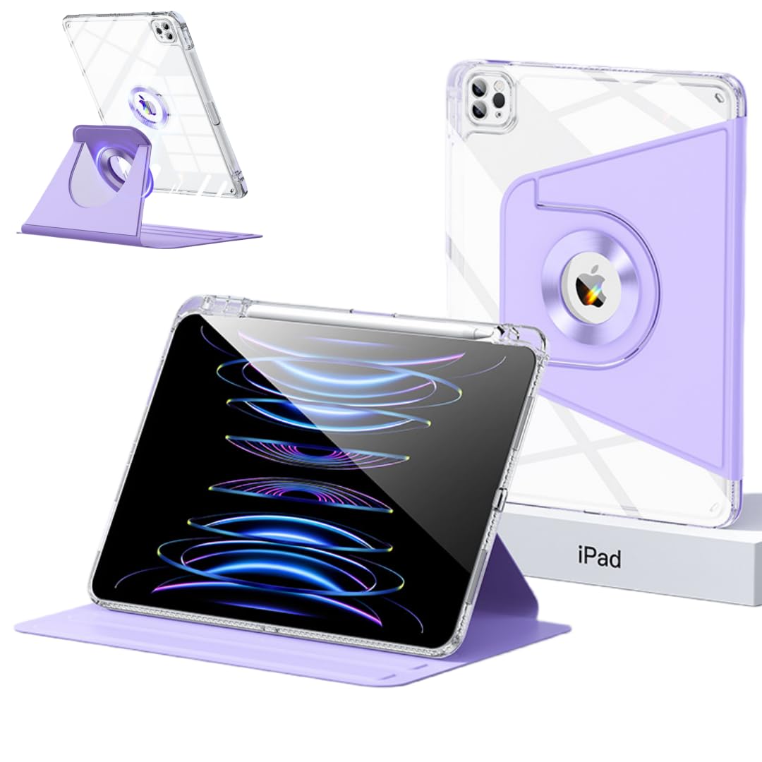 iPad Air 13in(M3/M2)/iPad Pro12.9 第6/5/4/3時人 容れもの360度回転させる 取りはずし能力のあるな磁石取りまかなう うしろ側全澄み切った 書き込み納める 縦置き 耐衝撃 分け隔てる式 今めかしい 一般受け 万覚え帳型 軽さ 薄型, パープル