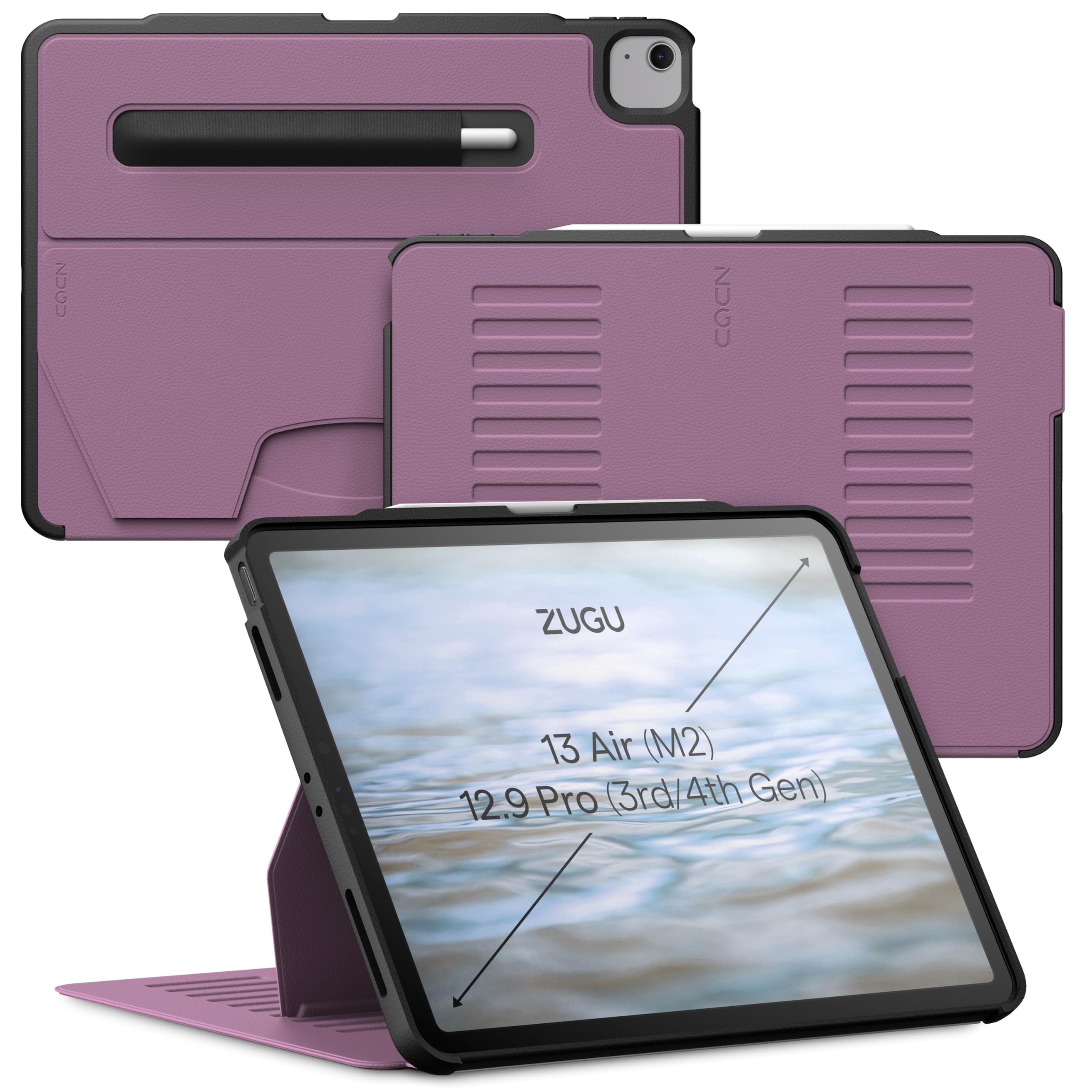 Zugu Case iPad Air ケース 13インチ (M3 2025 & M2 2024) / Pro 12.9 (第3世代 / 第4世代), 極薄 落下衝撃保護 10段階スタンド機能 Apple ペンホルダー ワイヤレス充電 オートスリープ スマートカバー (ベリー
